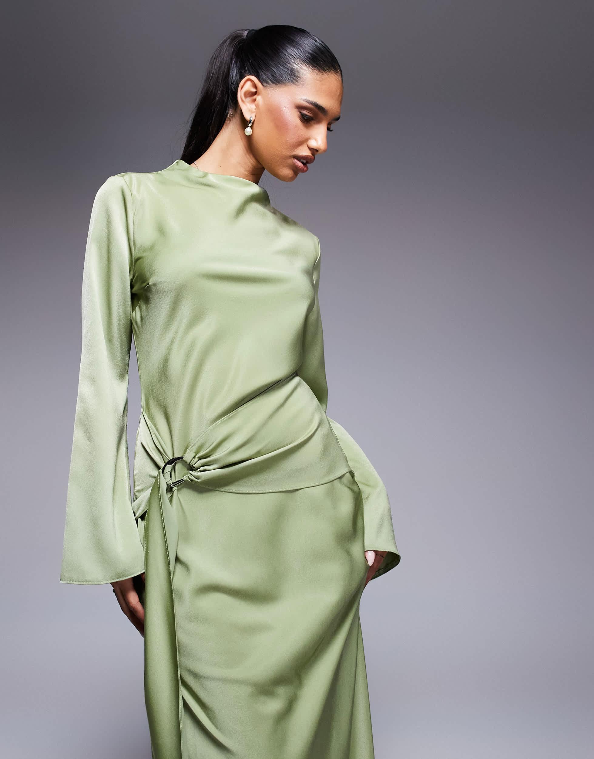 ASOS Long Sleeve Bias Satin Maxi Dress With D-ring Buckle in Green | Lyst