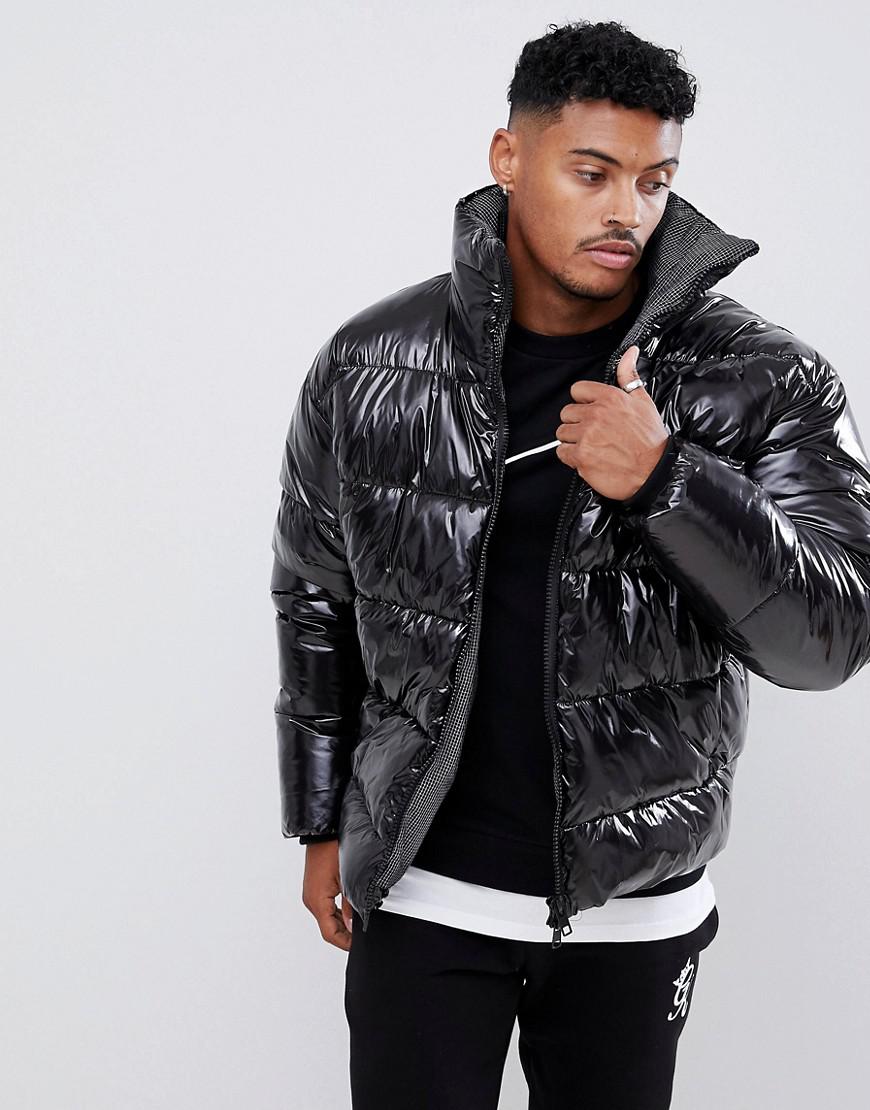 ASOS Cotton Puffer Jacket In High Shine Fabric With Check Lining in Black  for Men - Lyst