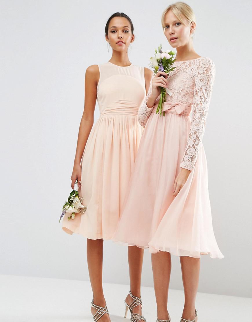 Lyst - Asos Design Bridesmaid Midi Dress With Lace And Bow Detail in Pink