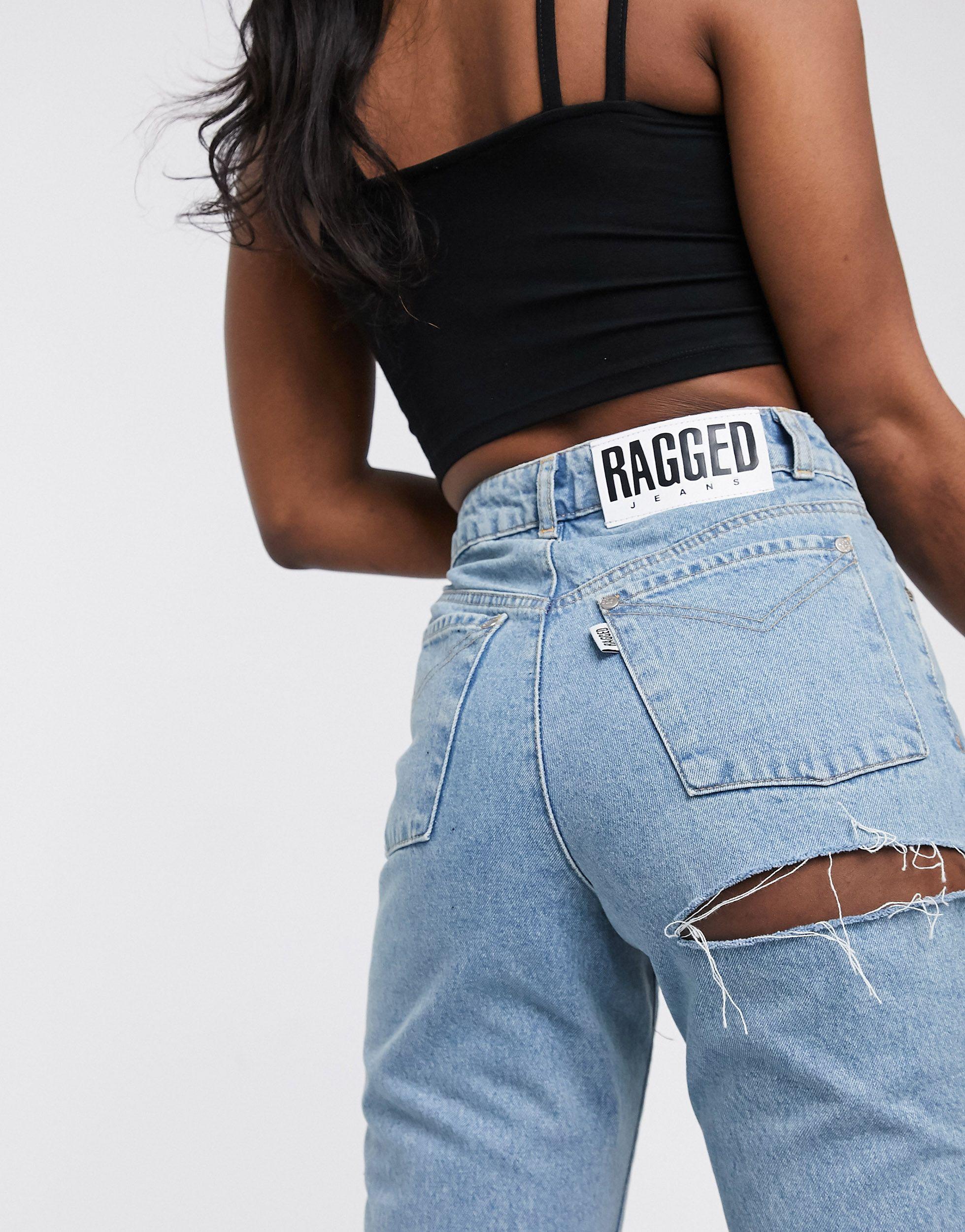 The Ragged Priest Denim Mom Jeans With Bum Rip in Blue | Lyst