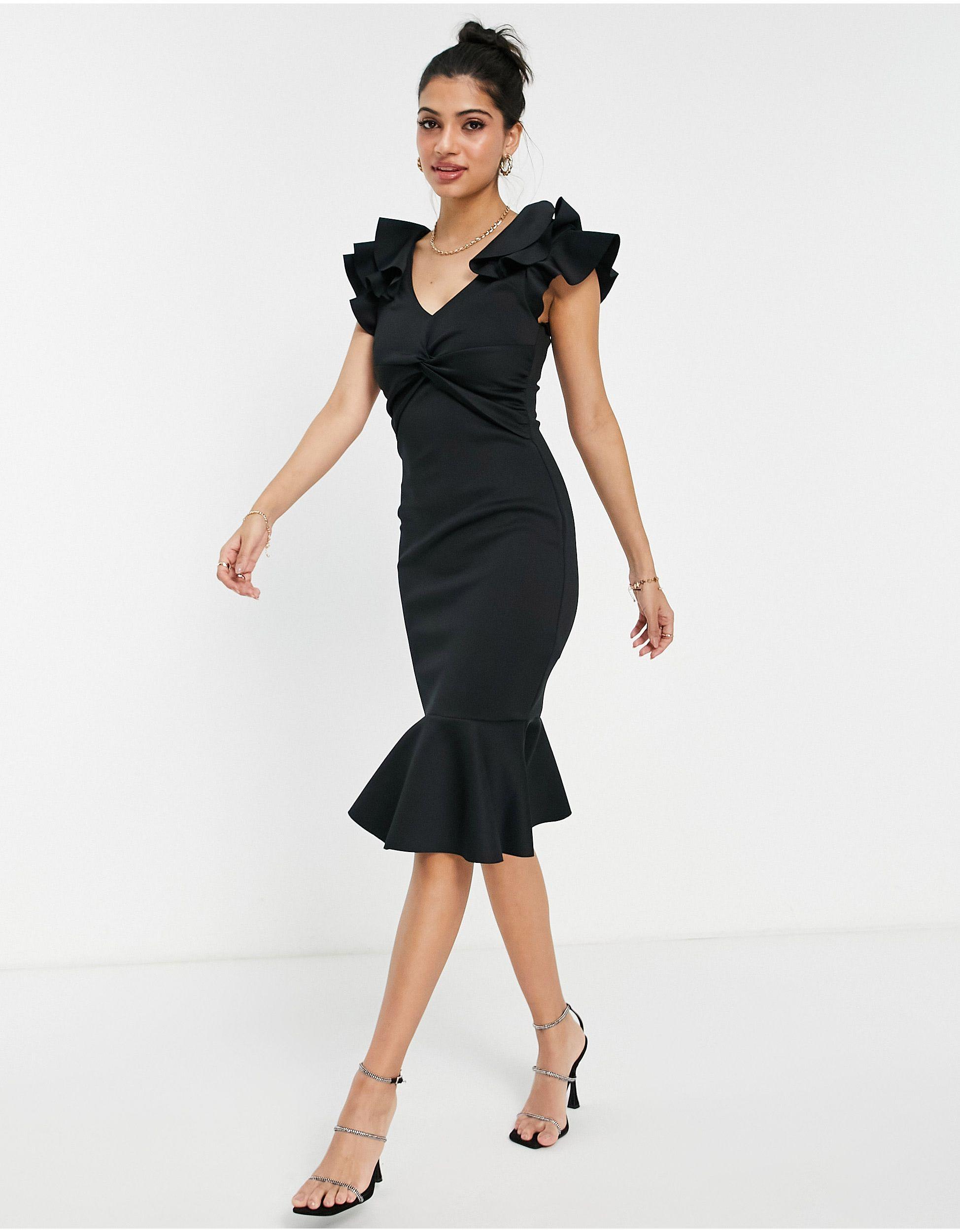 Lipsy Ruffle Scuba Bodycon Midi Dress in Black | Lyst