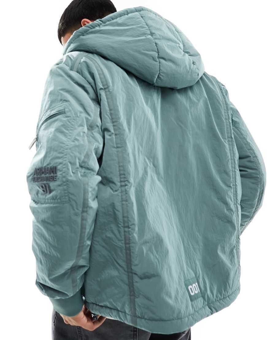 ARMANI EXCHANGE Utility Crinkle Nylon Hooded Bomber Jacket in Blue