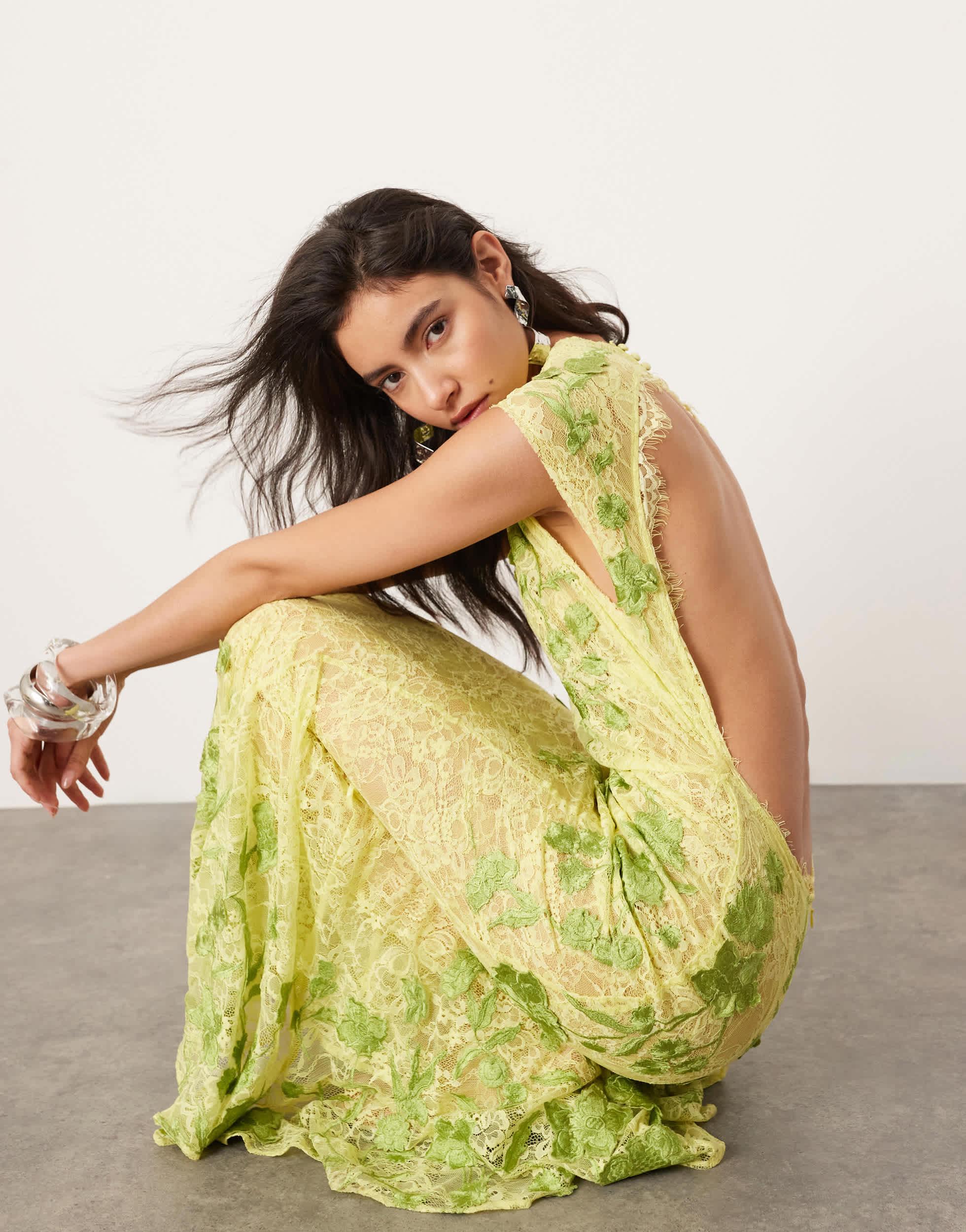 ASOS Sheer Embroidered Floral Lace Open Back Maxi Dress in Green - Technical View