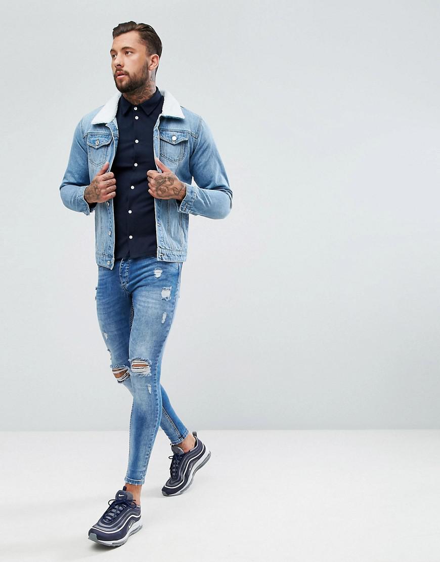 blue borg collar denim jacket