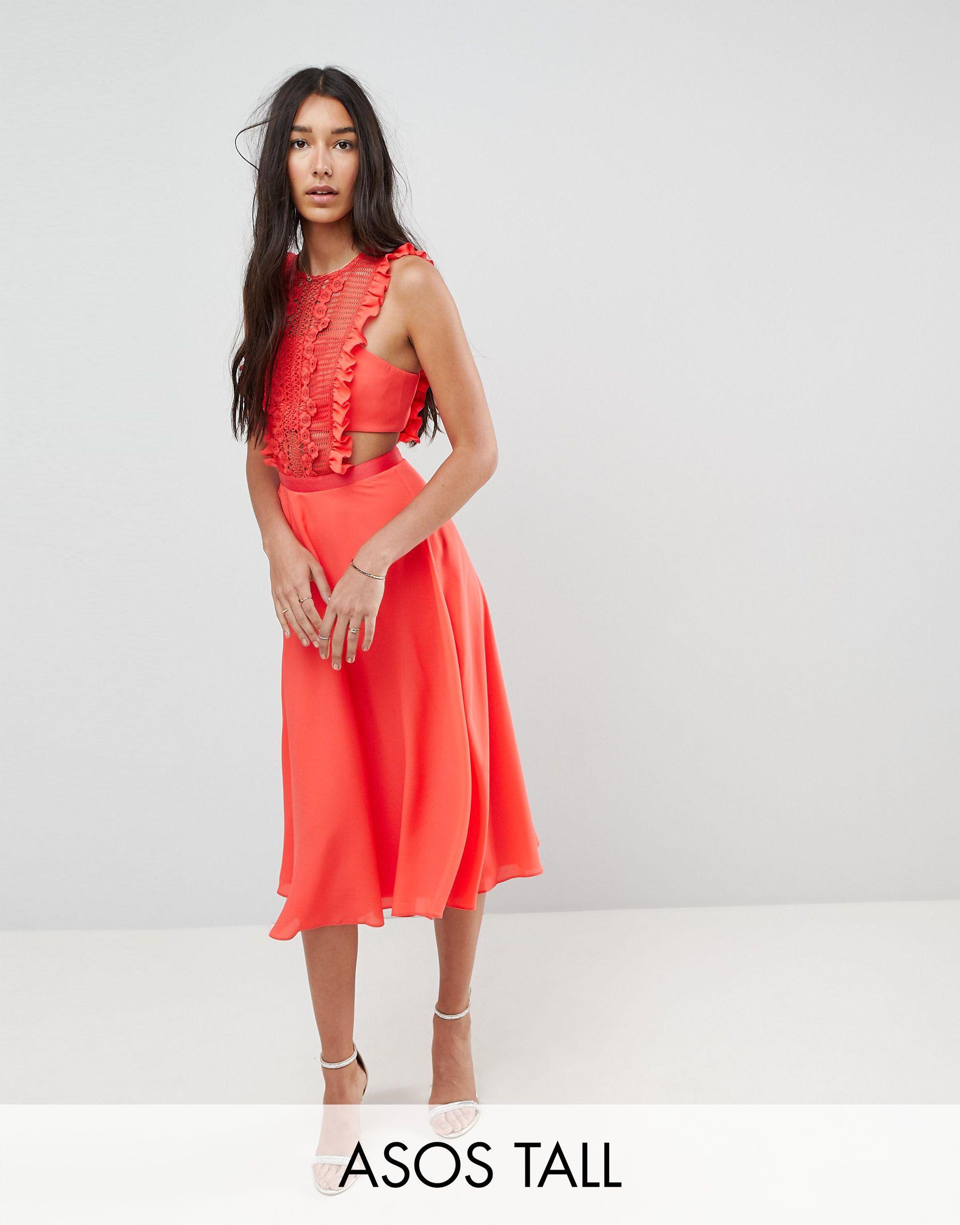 ASOS Lace Pinafore Pleated Midi Dress in Red Lyst