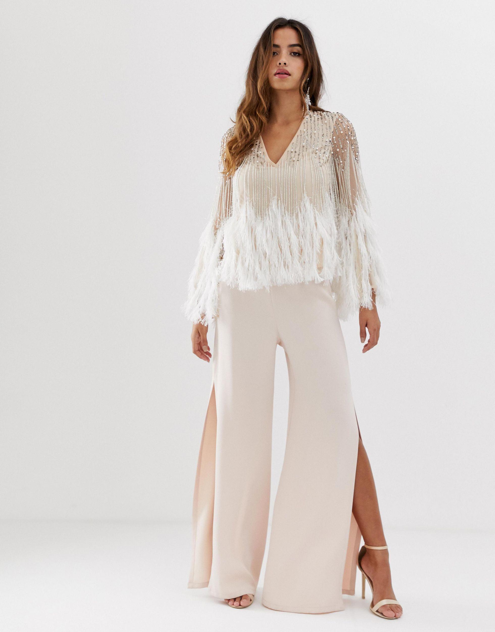 ASOS Long Sleeve Embellished Top With Faux Feather Trim in Natural | Lyst