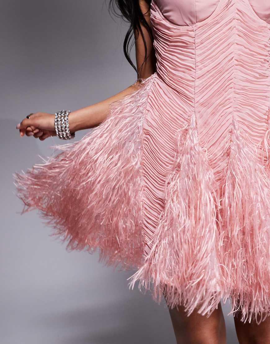 asos pink feather dress ASOS DESIGN satin halter tie mini dress with faux feather trim in pink