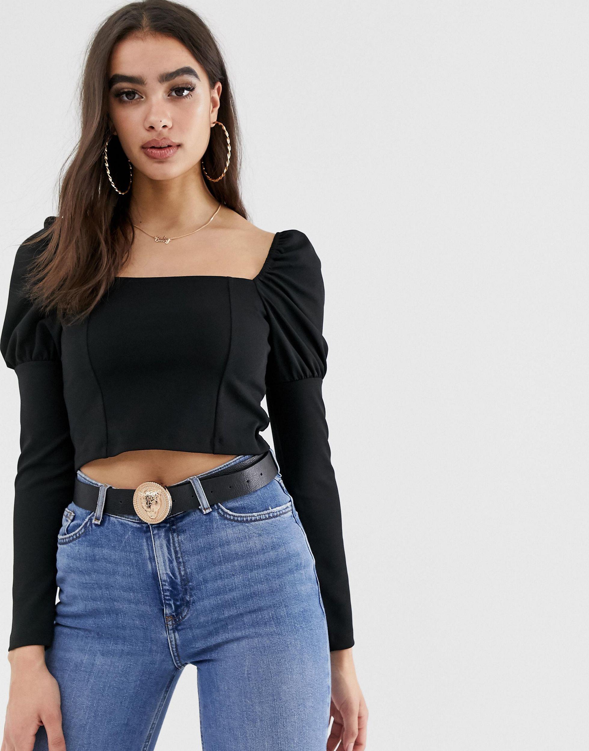 ASOS Long Sleeve Top Square Puff Sleeve Black | Lyst