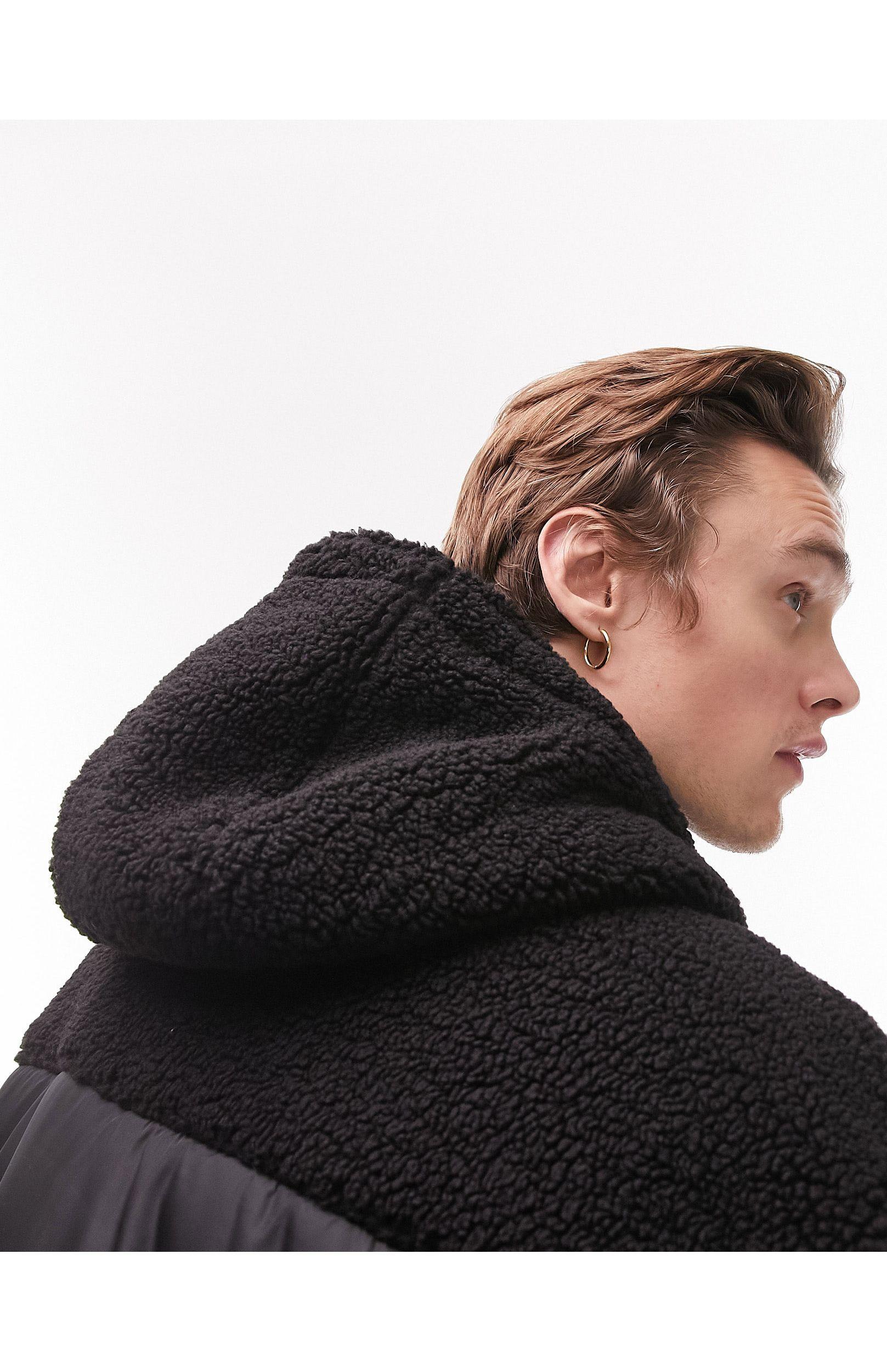 TOPMAN Puffer Jacket With Borg Panelling in Black for Men Lyst