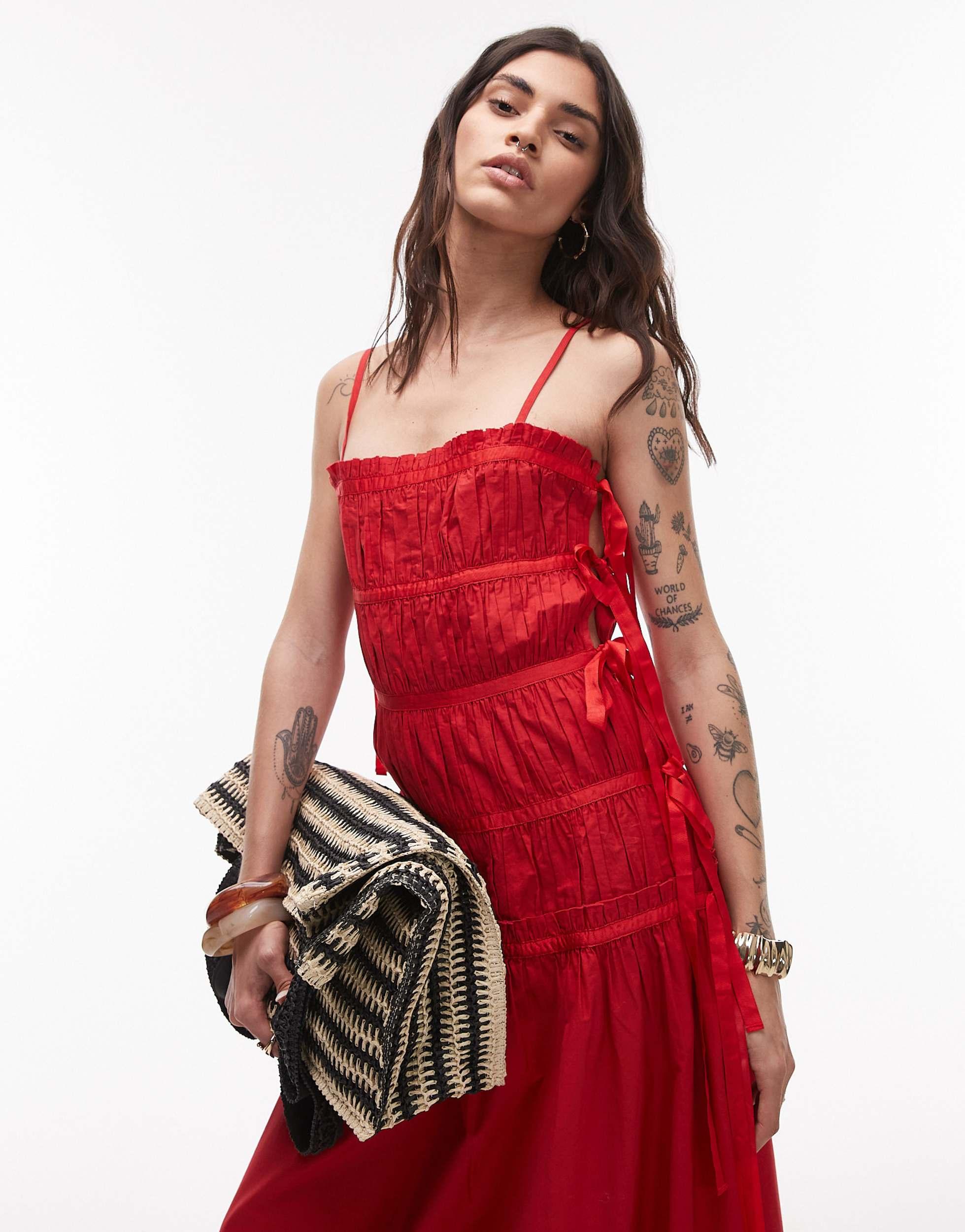 topshop red lace dress TOPSHOP Ruched Panel Midi Dress With Tie Sides in Red