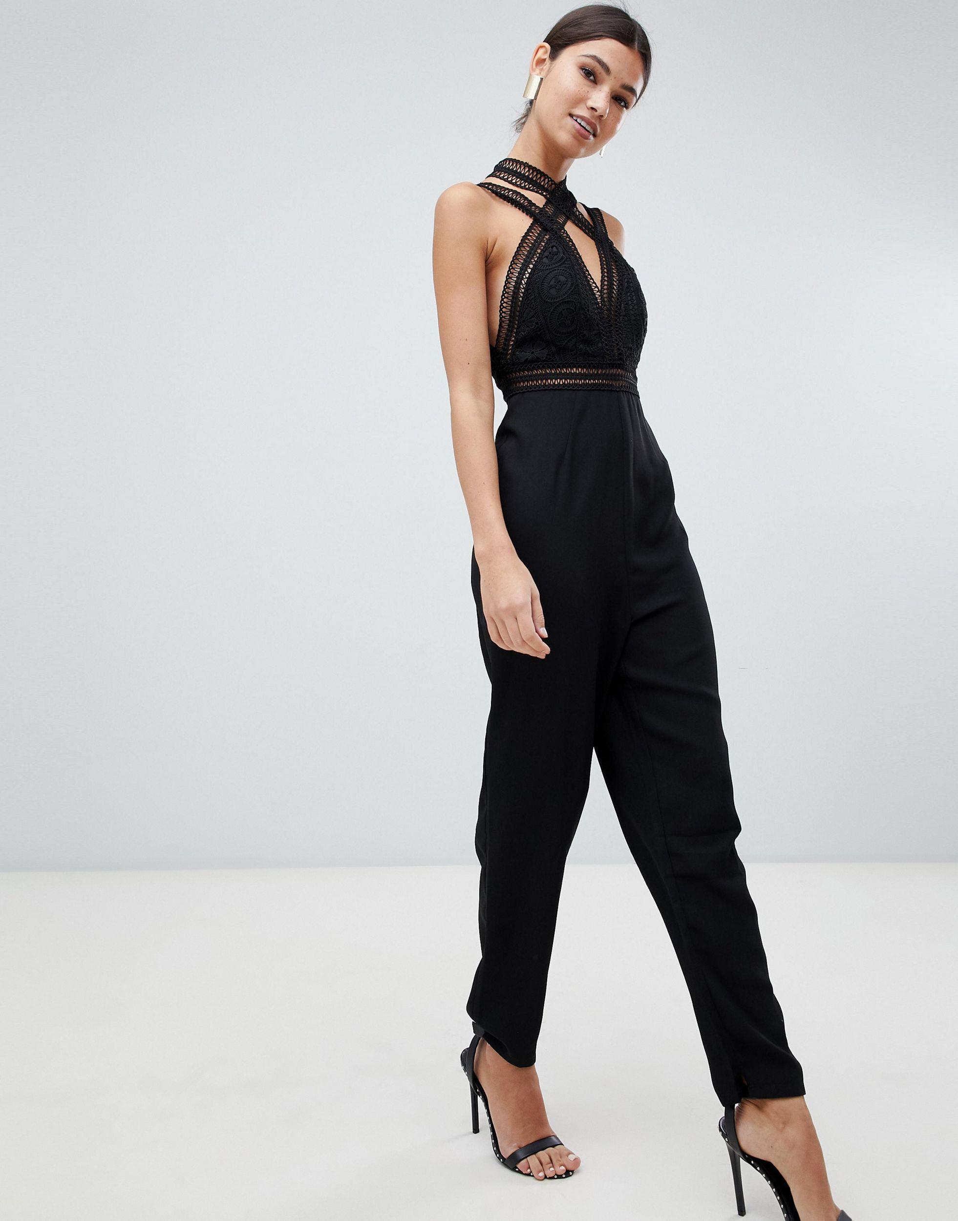 Love Triangle Multi Strap Jumpsuit With Contrast Lace Cross Front in Black  | Lyst Canada