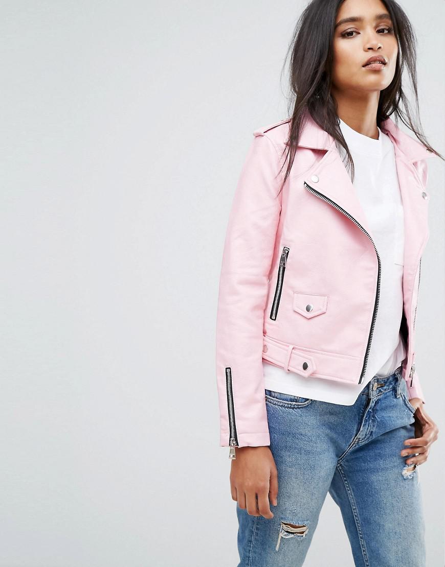 Mango Faux Leather Biker Jacket in Pink | Lyst