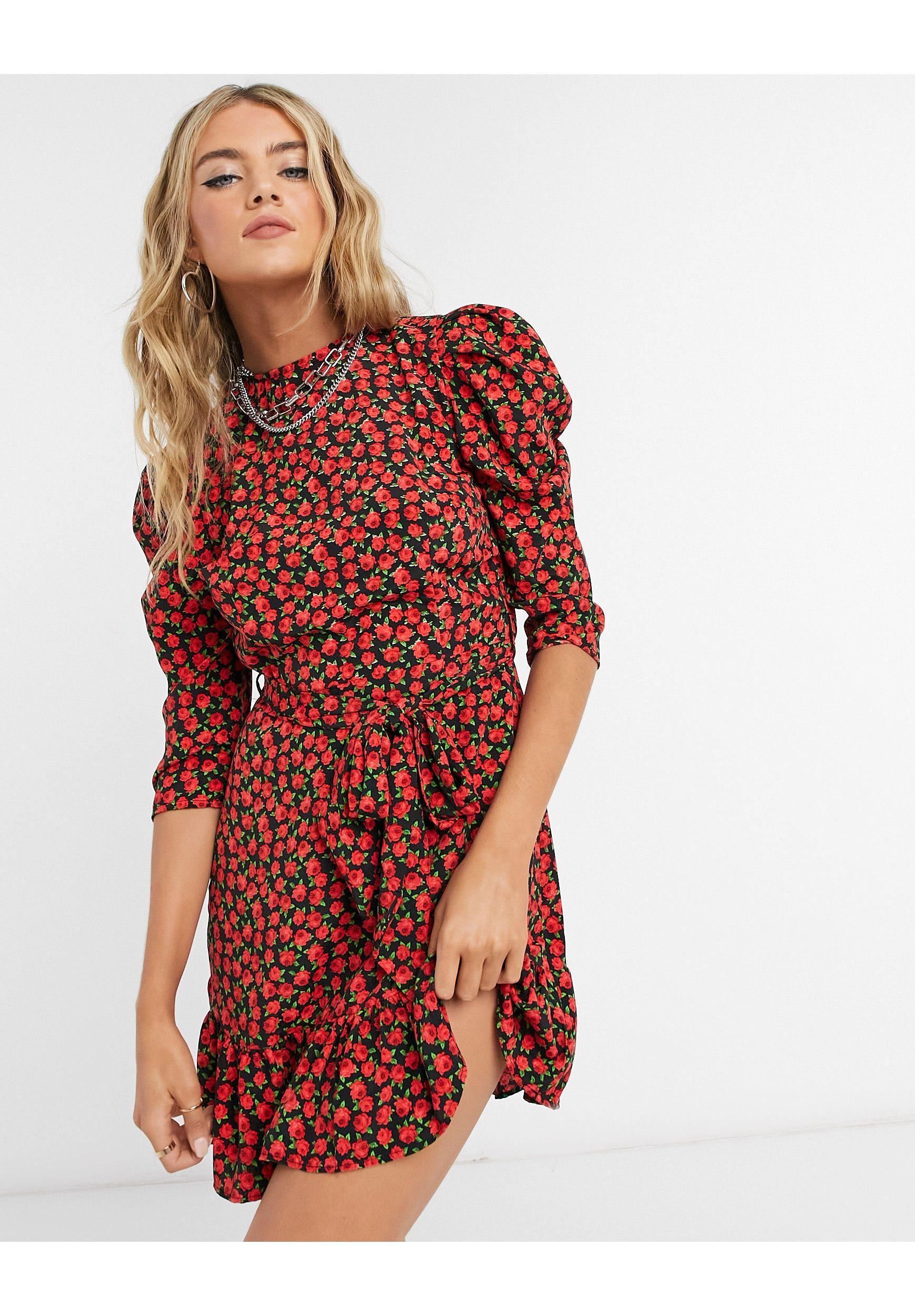 TOPSHOP Rose Print Mini Dress in Red | Lyst