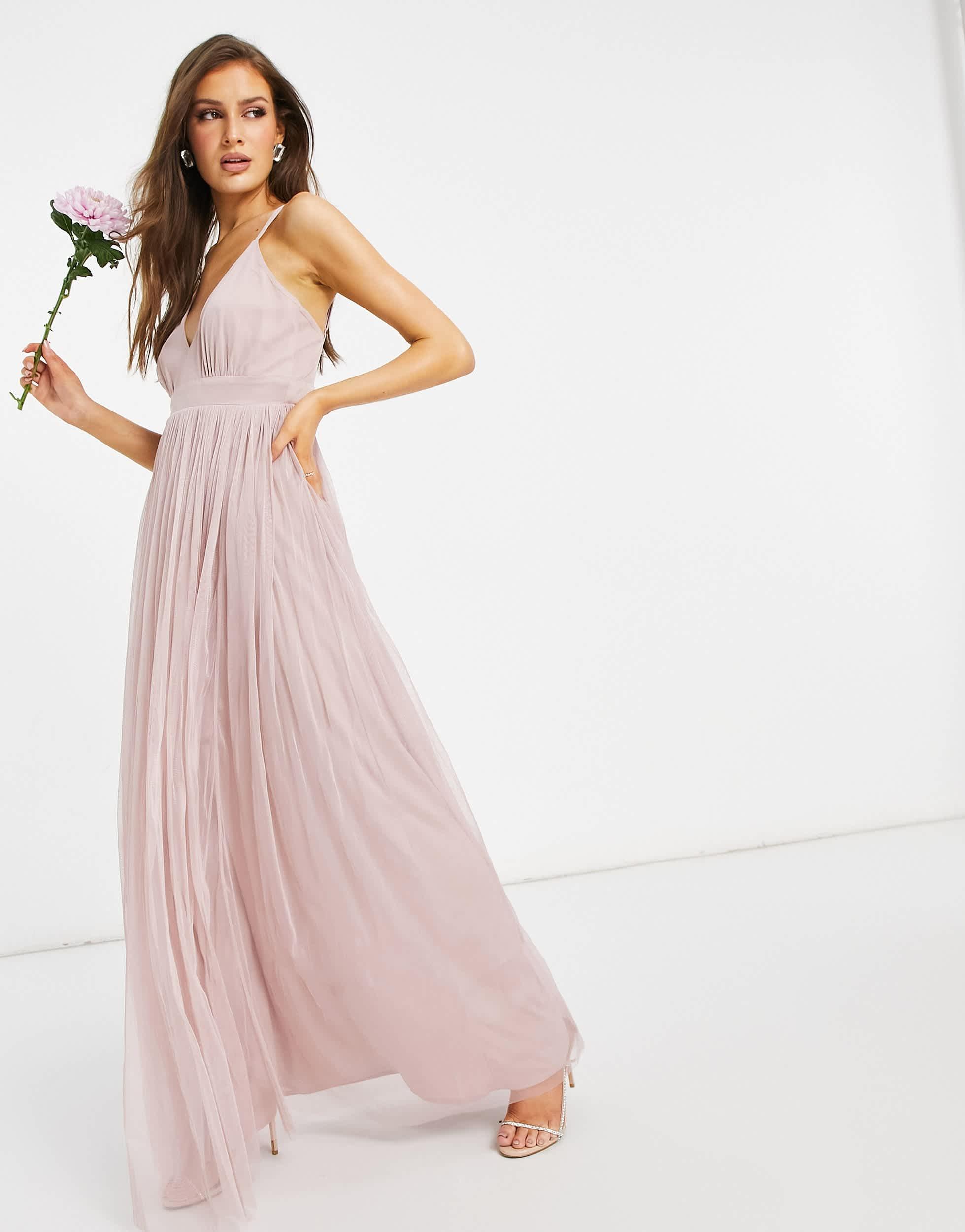 ANAYA With Love Bridesmaid Tulle Plunge Front Maxi Dress in Pink