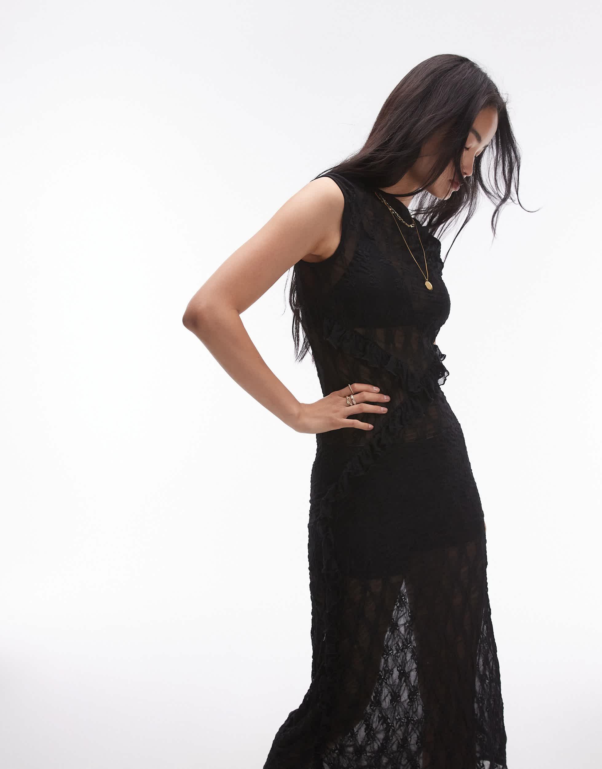 TOPSHOP Sheer Lace Maxi Dress With Scoop Back in Black Lyst