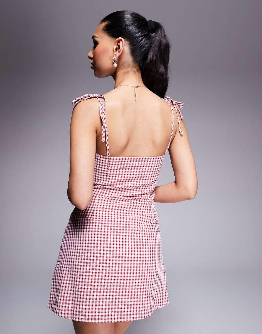 Vestido Corto A Cuadros Vichy Blancos Y Rojos De Tirantes Anudados - Main Image