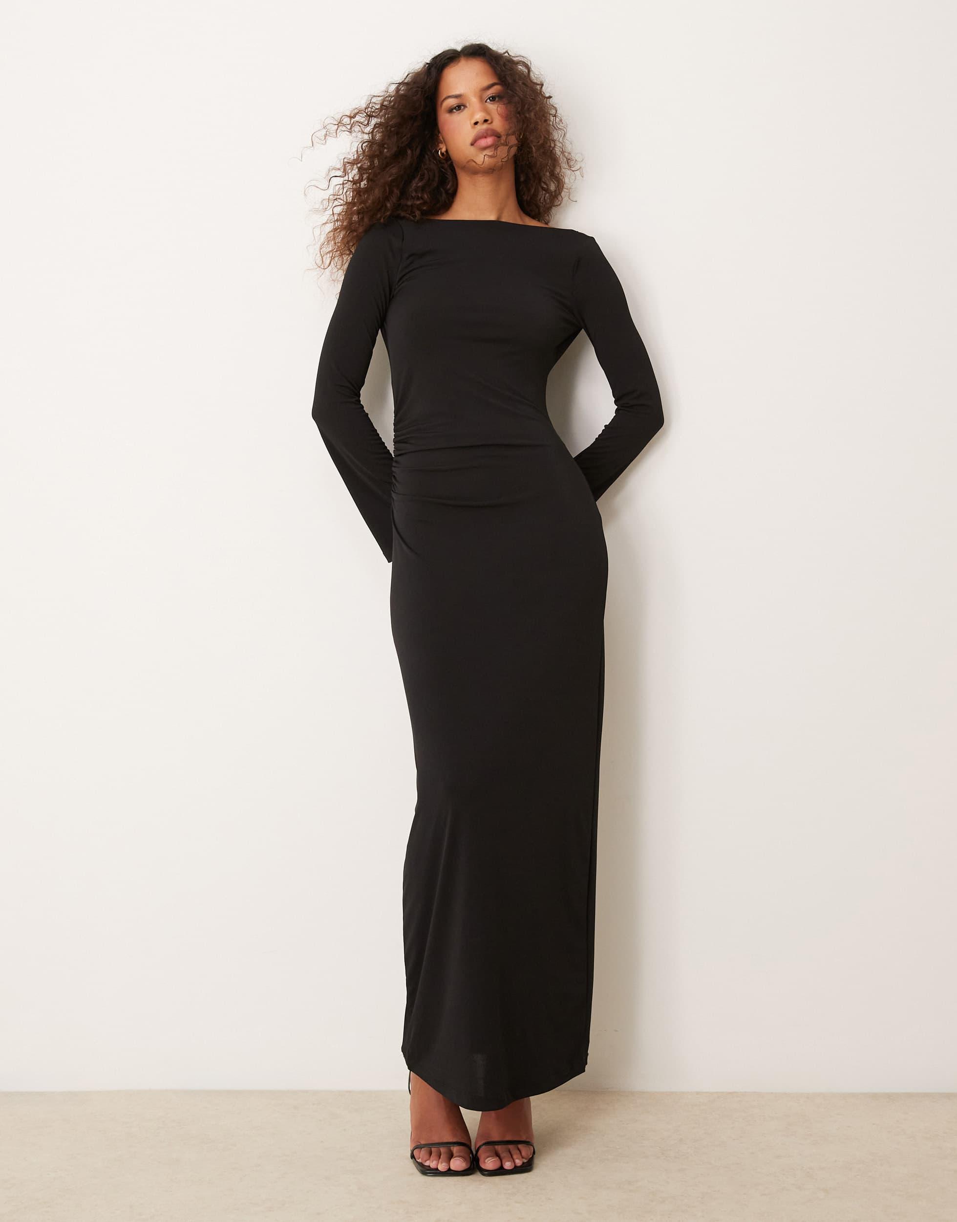 Pretty Lavish Bell Sleeve Slash Neck Maxi Dress in Black | Lyst Canada