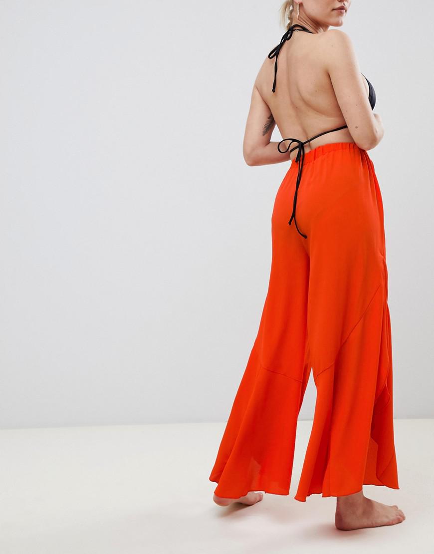 ASOS Denim Asos Design Petite Split Frill Wide Leg Beach Pants In Burnt