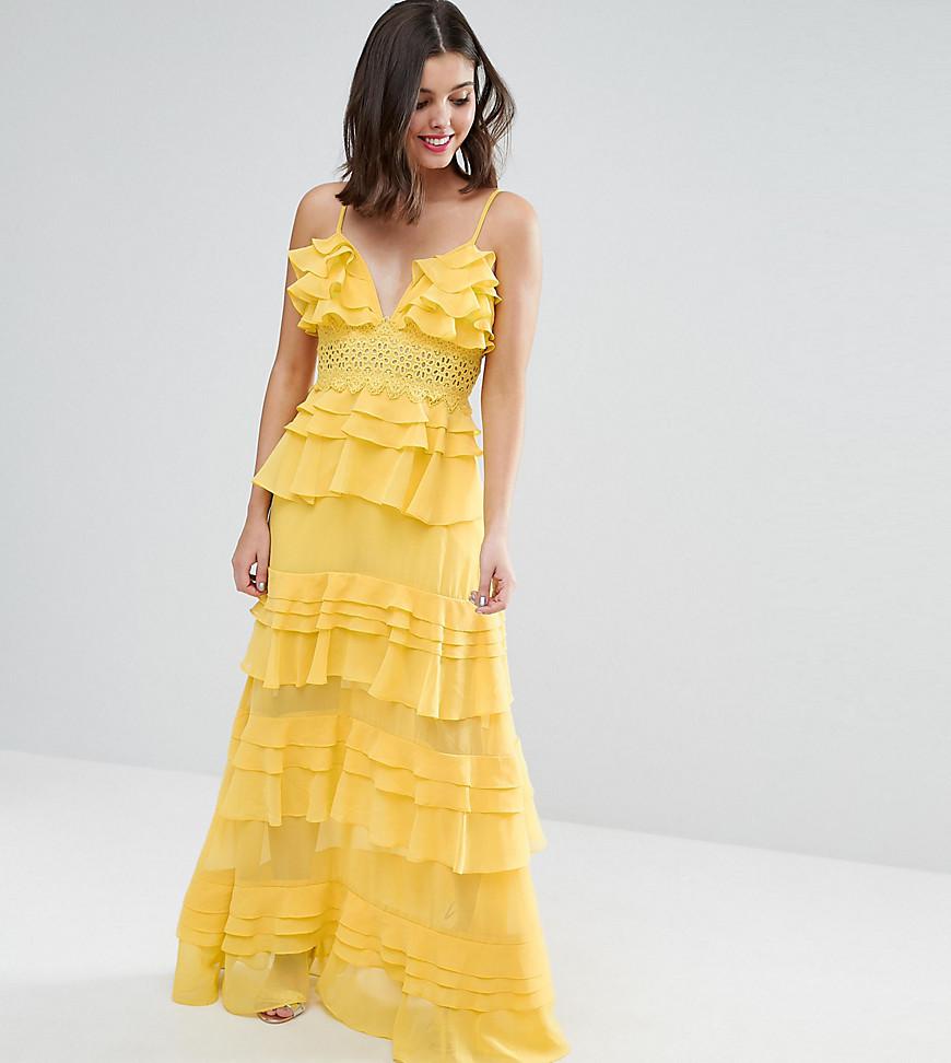 True Decadence Plunge Front Tiered Ruffle Maxi Dress in Yellow | Lyst