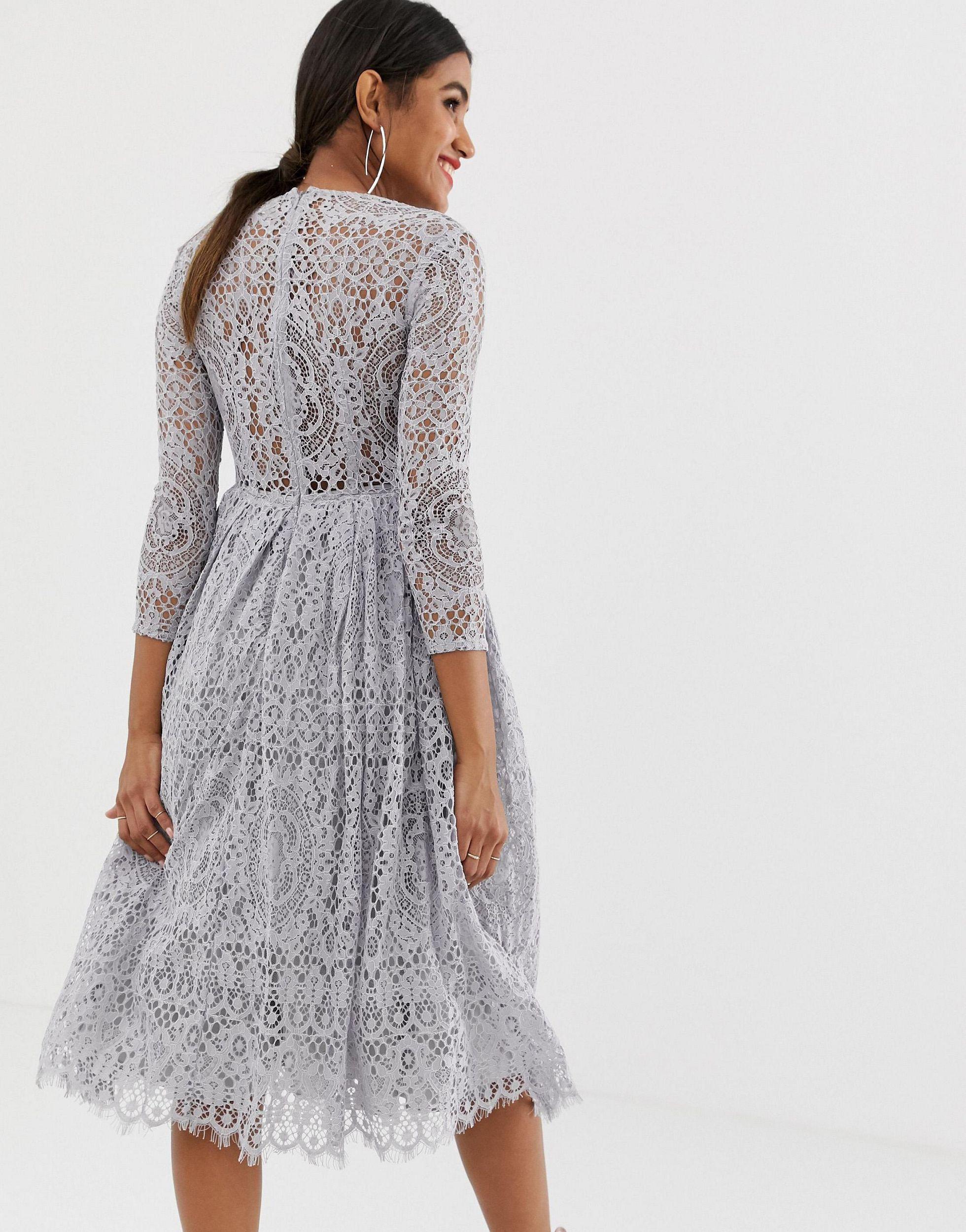 ASOS Long Sleeve Lace Midi Prom Dress in Grey (Gray) | Lyst