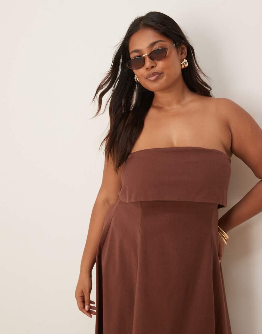 Vestido Midi Marrón Con Escote Palabra De Honor Plegado De Asos