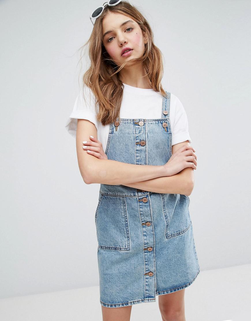 Monki Button Down Denim Overall Dress in Blue - Lyst