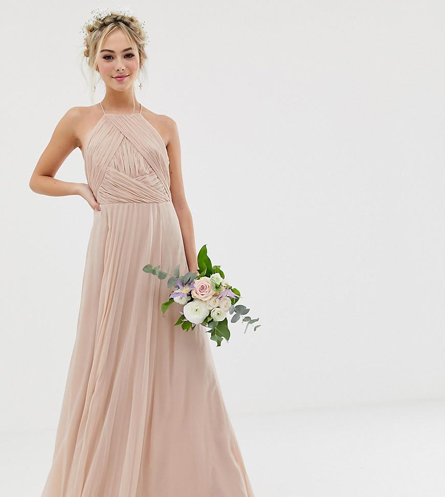 Asos Denim Bridesmaid Pinny Maxi Dress With Ruched Bodice In Pink