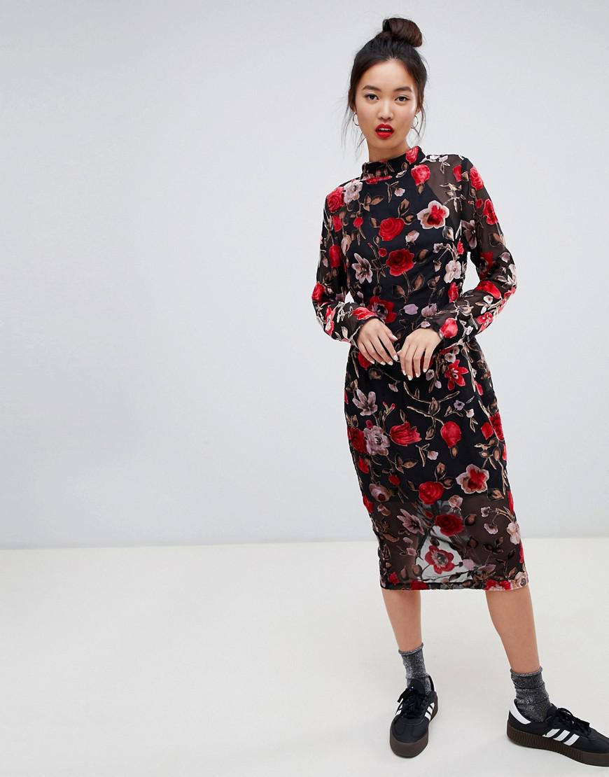 high neck floral midi dress
