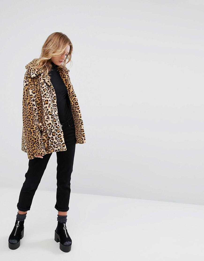 Monki Leopard Faux Fur Jacket in Beige (Natural) | Lyst