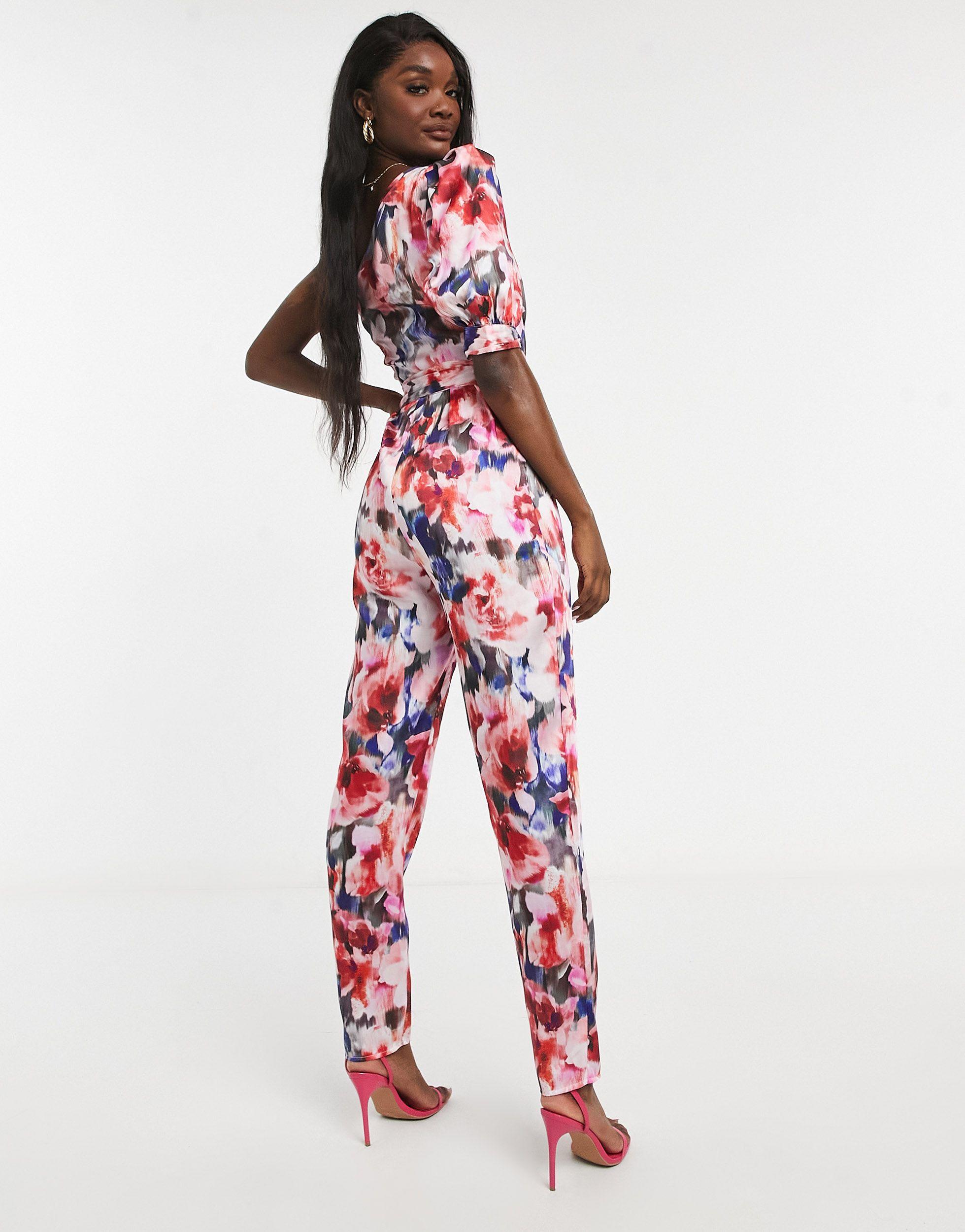 ASOS Asos Design Tall One Shoulder Puff Sleeve Jumpsuit in Red | Lyst