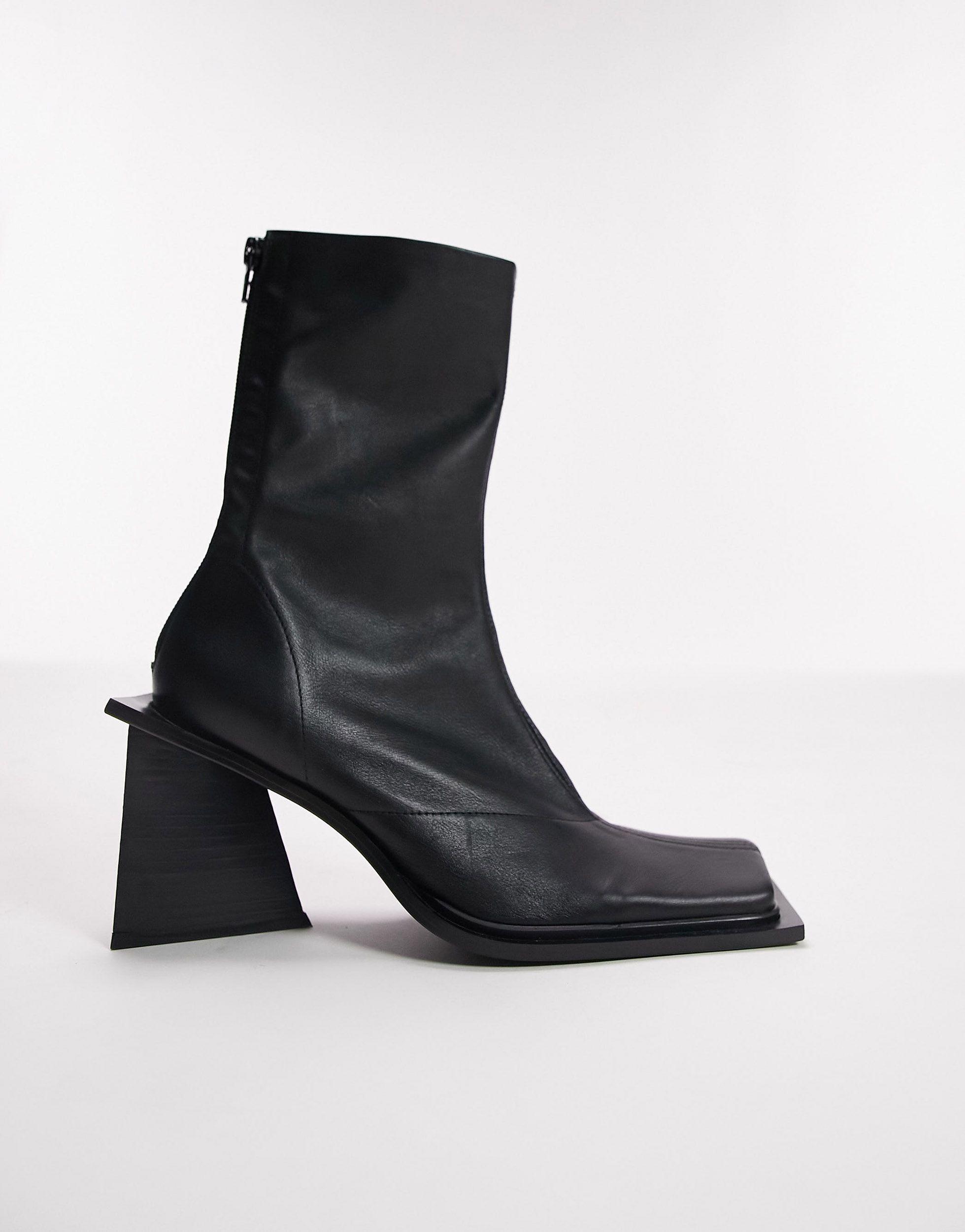 TOPSHOP Halo Premium Leather Square Toe Heeled Boot in Black | Lyst
