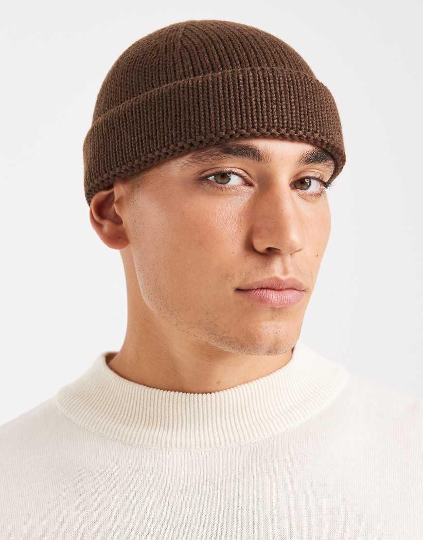 ASOS Knitted Rib Mini Fisherman Beanie in Brown for Men Lyst UK