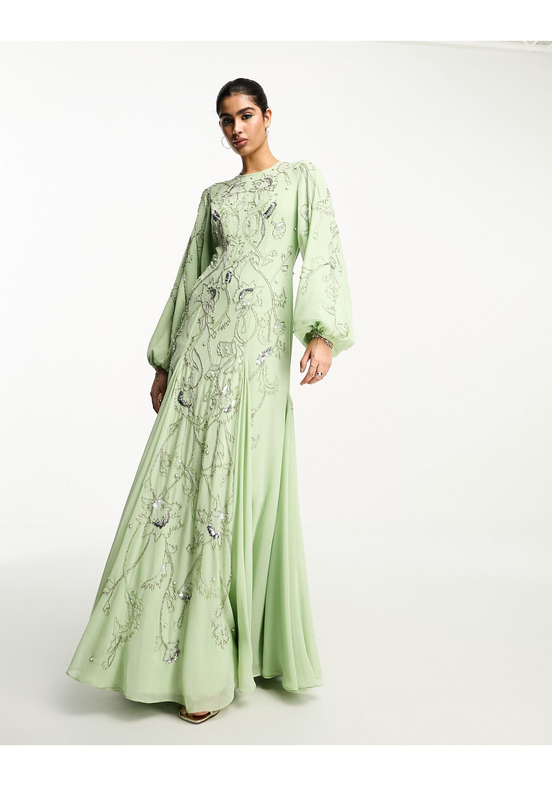 ASOS Embellished Maxi Dress With Godet Skirt And Balloon Sleeve in Green Lyst UK