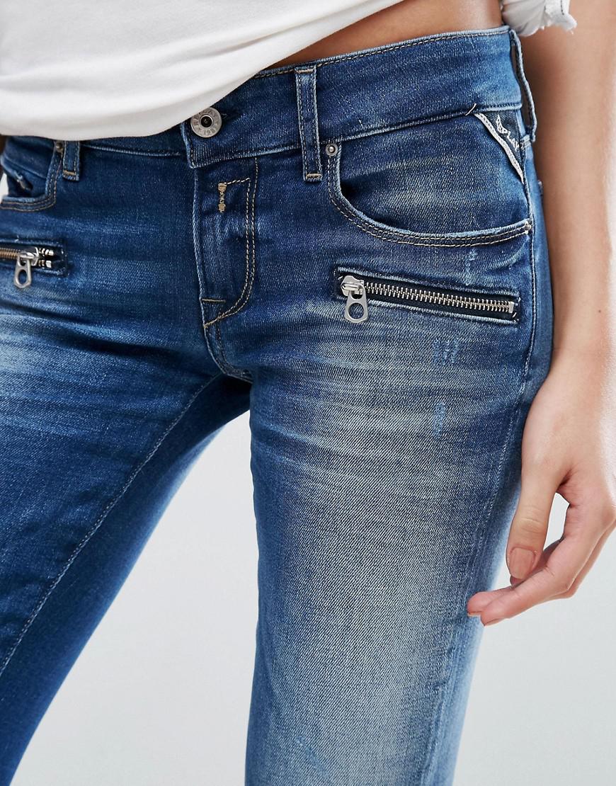 Replay Denim Mid Rise Biker Jeans With Zip Pockets in Blue Lyst