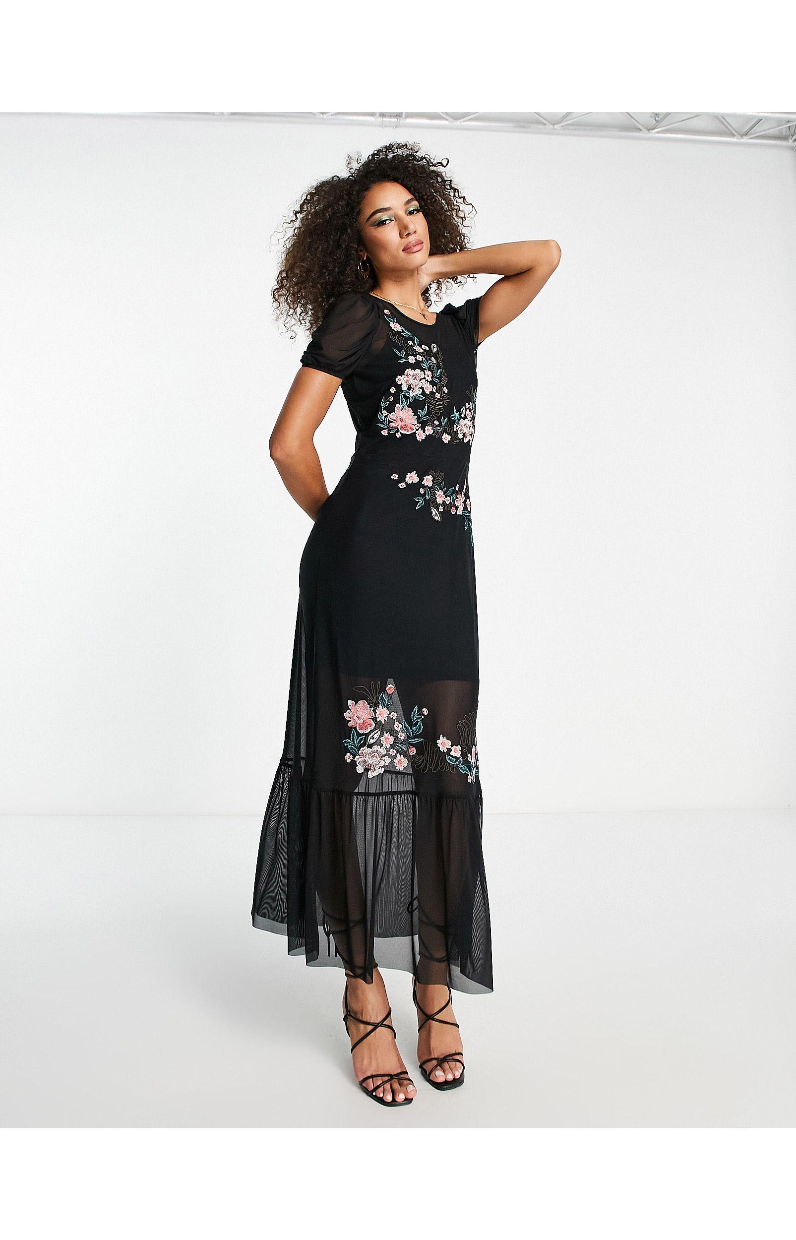 River Island Embroidered Floral Mesh Midi Dress in Black Lyst