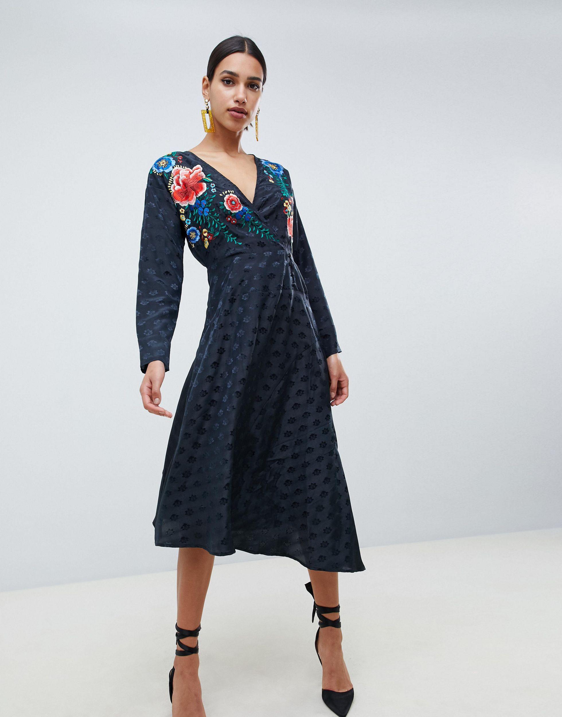 long sleeve embroidered midi dress