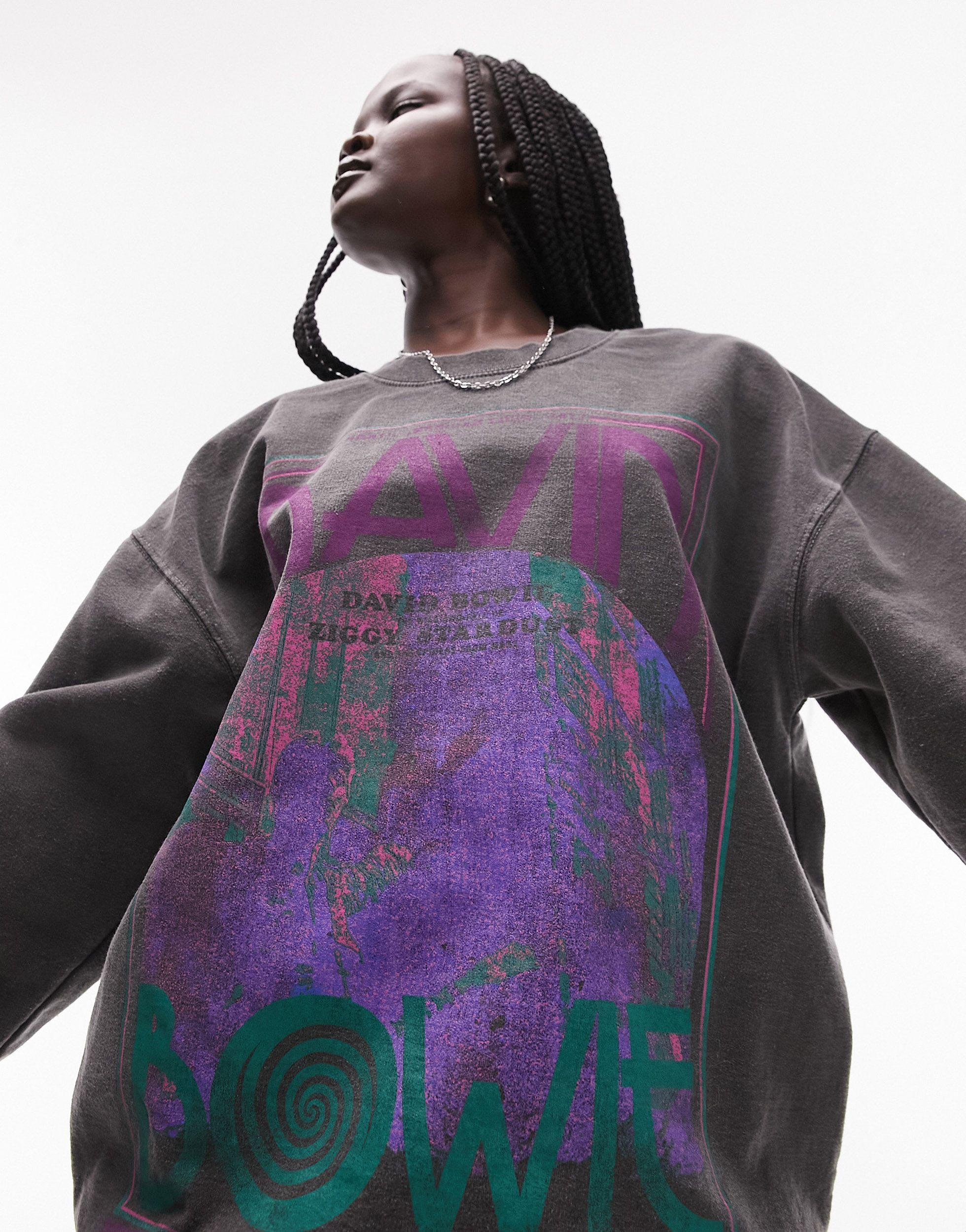 TOPSHOP Graphic Licensed David Bowie Abstract Vintage Wash Oversized Sweat  in Purple | Lyst