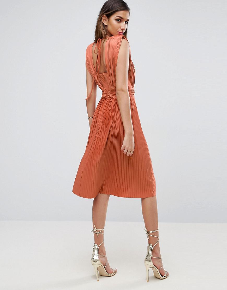 ASOS Synthetic Premium Deep Plunge Pleated Midi Dress in Orange | Lyst