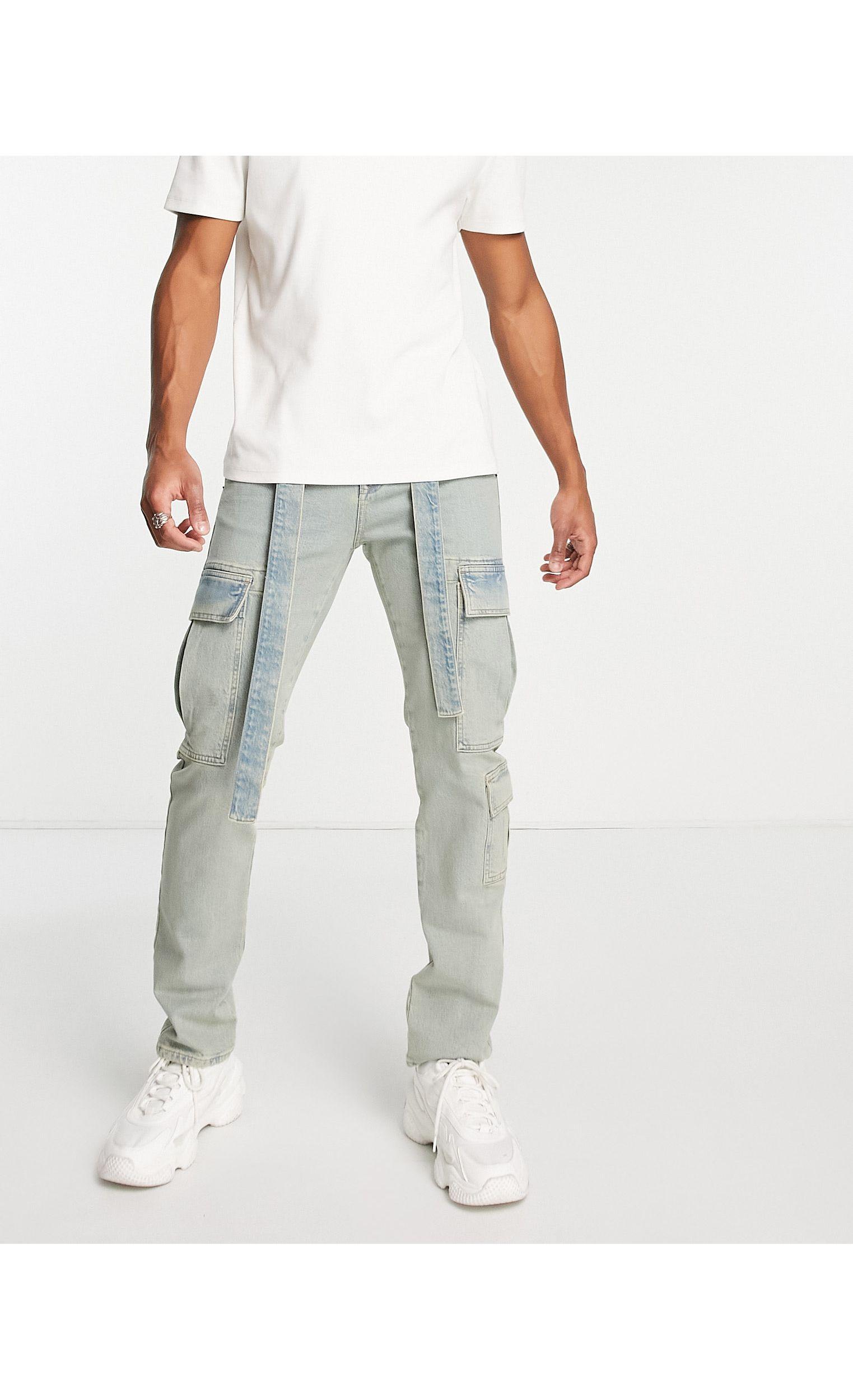 TOPMAN Straight Belted Cargo Jeans in Blue for Men