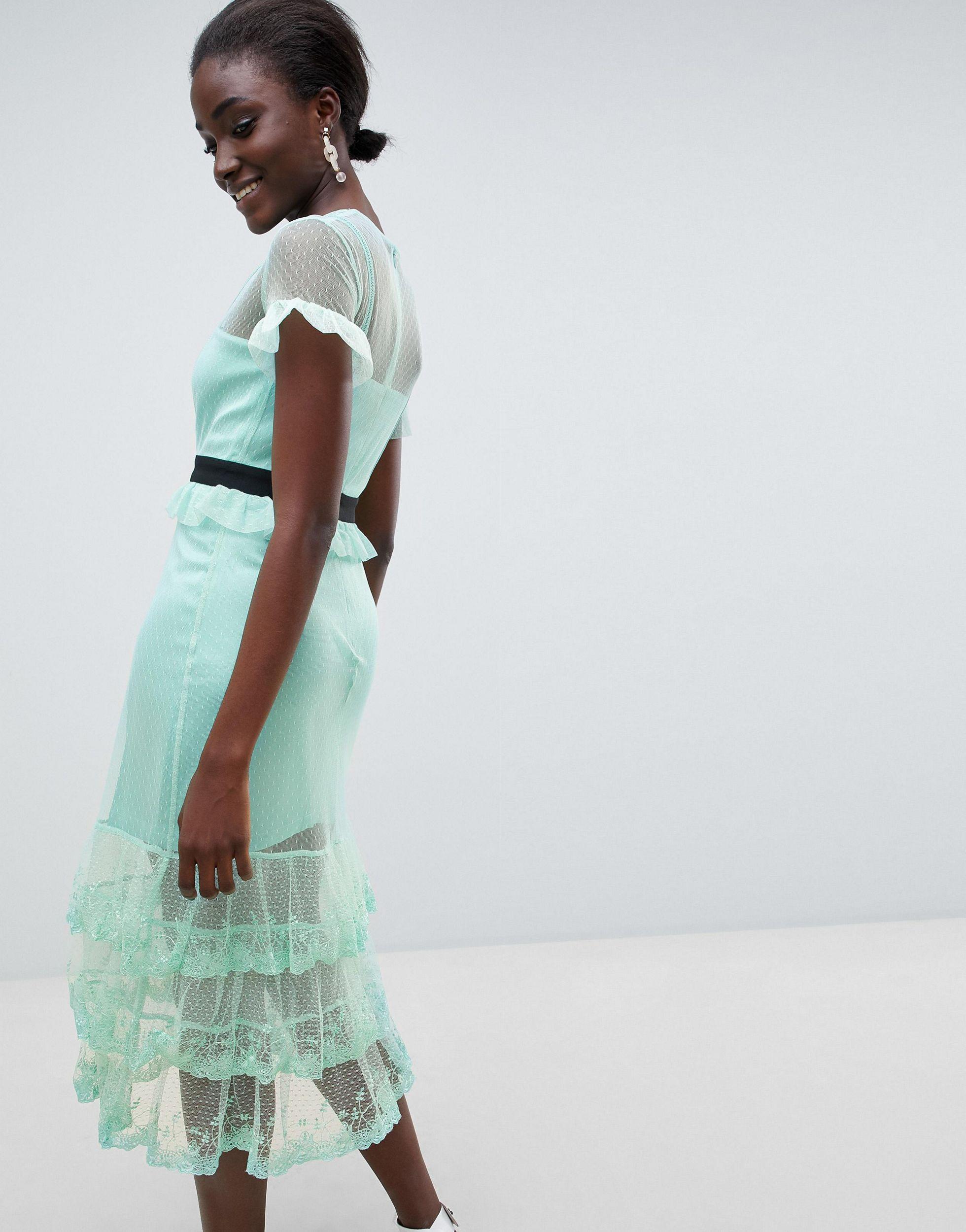 Three Floor Tiered Midi Dress With Contrast Waistband in Green - Lyst