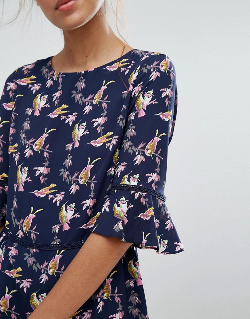 Oasis Synthetic Bird Print Flute Sleeve Dress in Navy ...