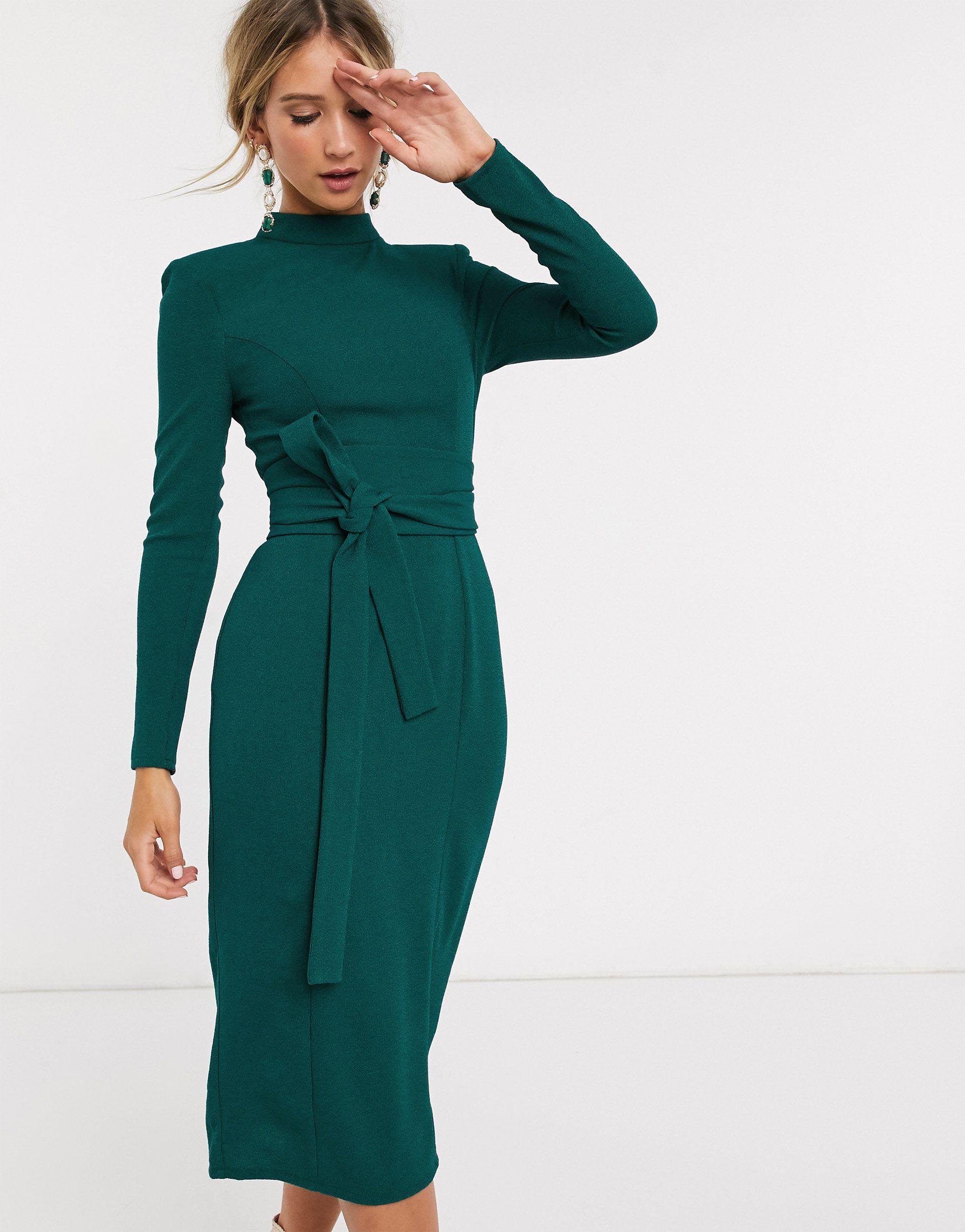 ASOS Long Sleeve Midi Dress With Obi Belt in Green | Lyst