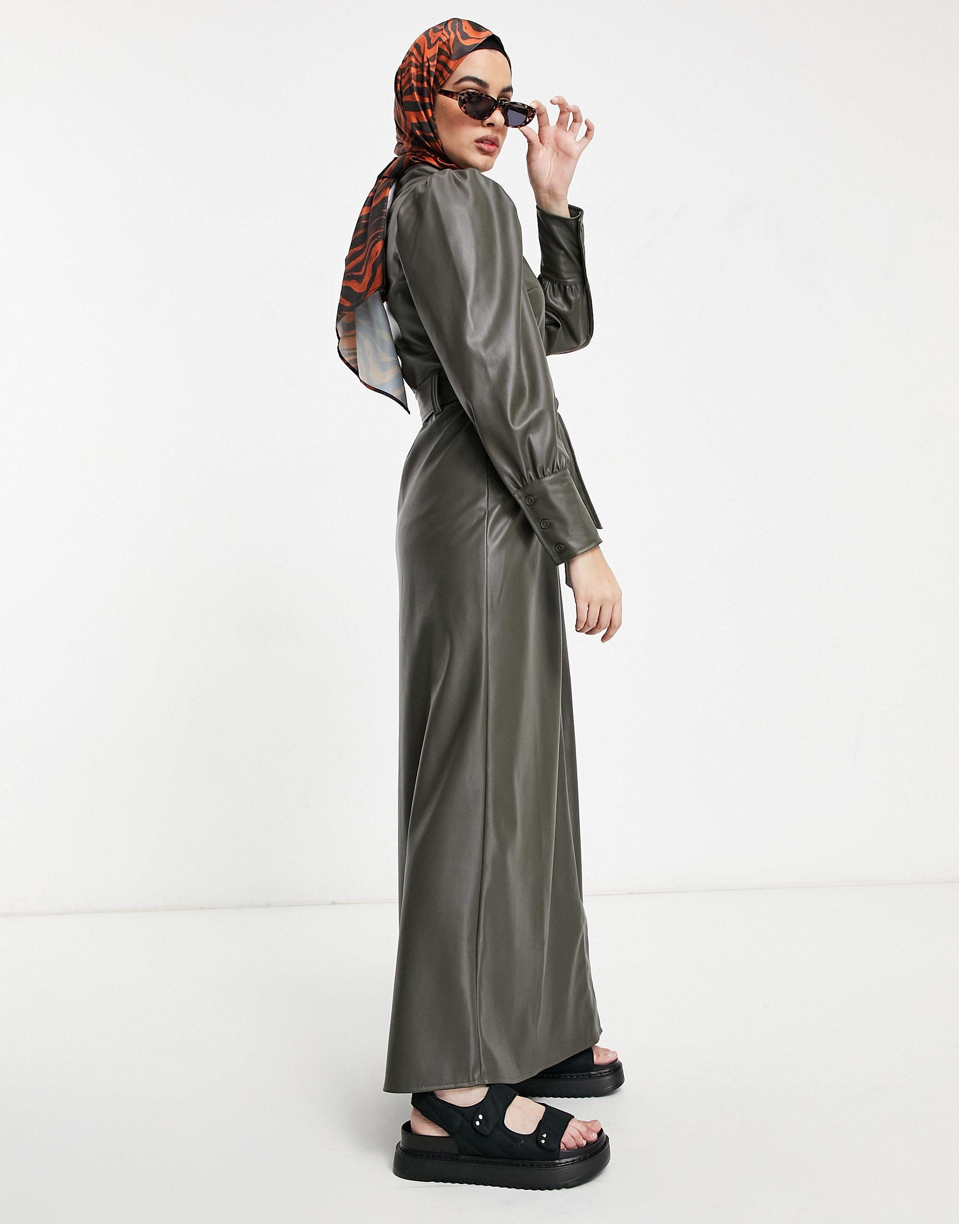 ASOS Leather-look Maxi Shirt Dress in Green | Lyst UK