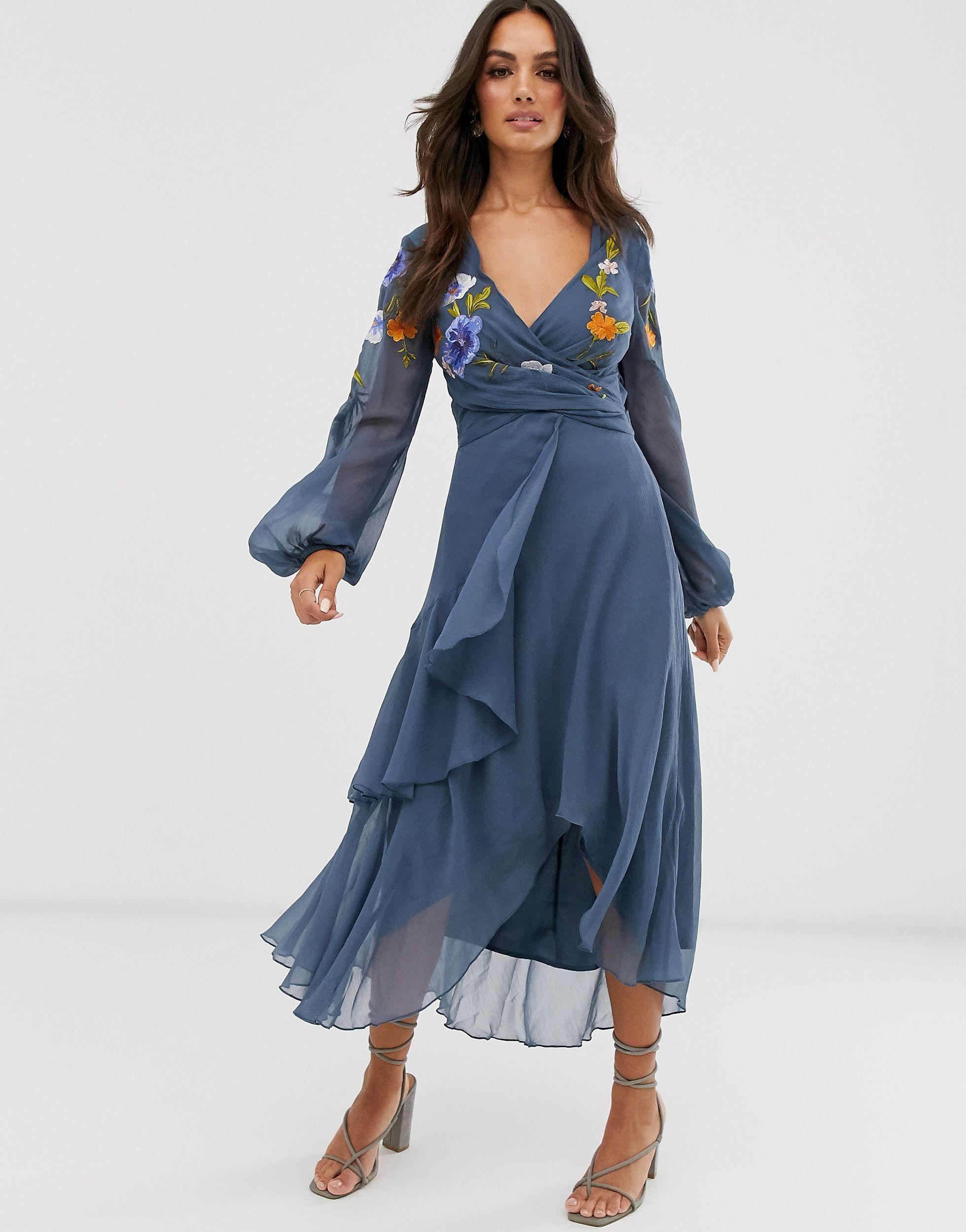 ASOS Wrap Midi Dress With Garden Floral Embroidery in Blue | Lyst UK ASOS Wrap Midi Dress With Garden Floral Embroidery in Blue | Lyst UK
