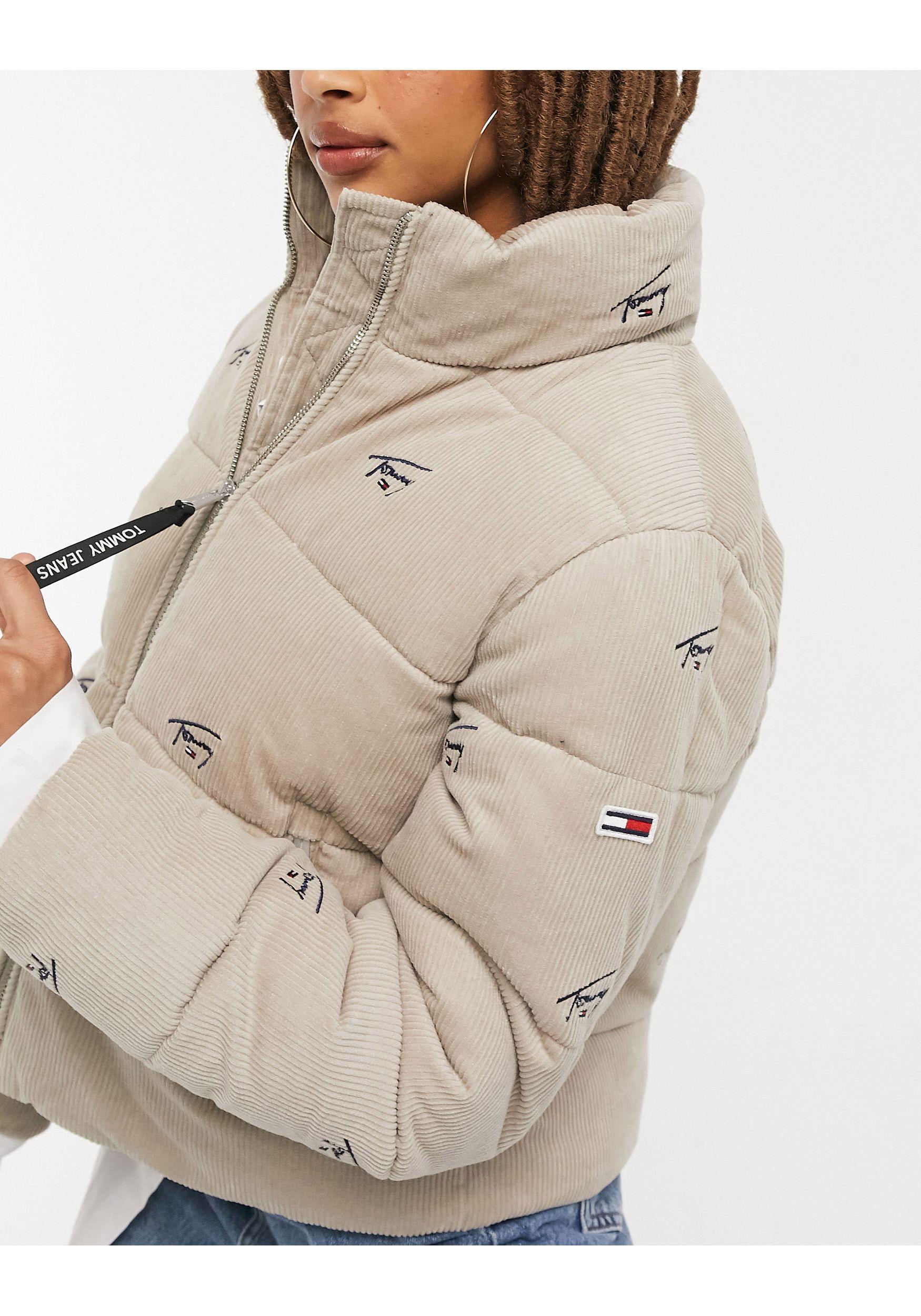Tommy Hilfiger All Over Signature Logo Cord Puffer in Natural | Lyst UK