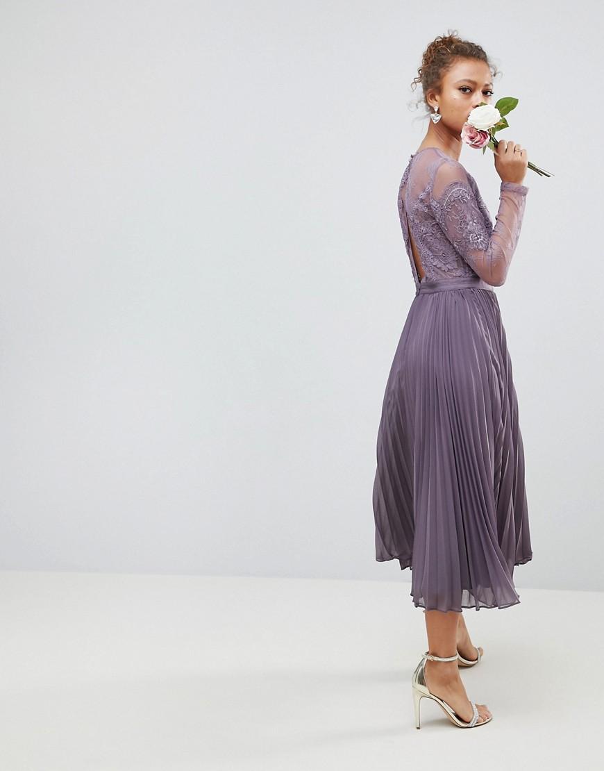 Purple Longues Dentelle En Plissée Asos Longue Mi Robe Manches Avec Coloris Et wn0kO8PX