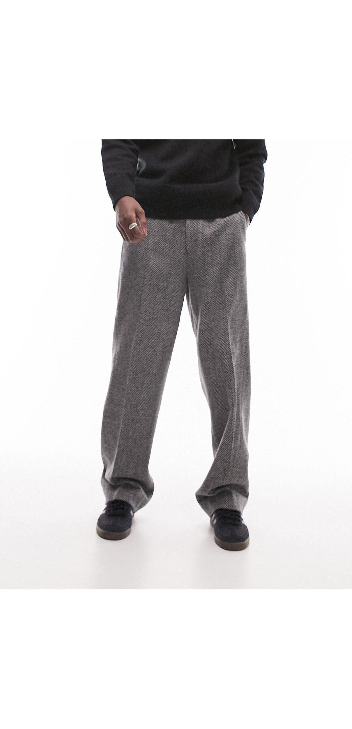TOPMAN Wide Leg Wool Mix Herringbone Trousers in Grey for Men