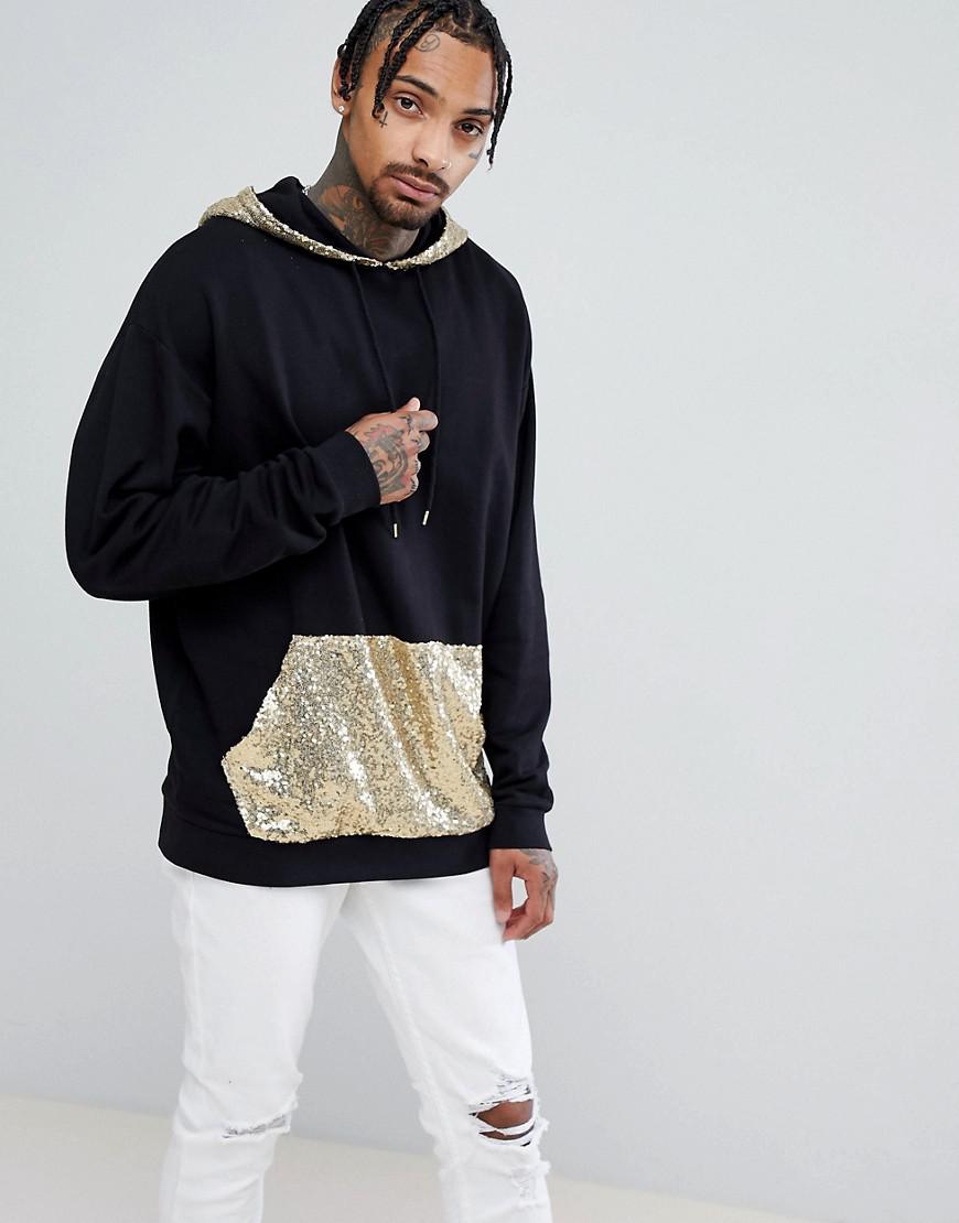 ASOS Asos Oversized Longline Hoodie With Gold Sequin Pocket And Hood in  Black for Men | Lyst