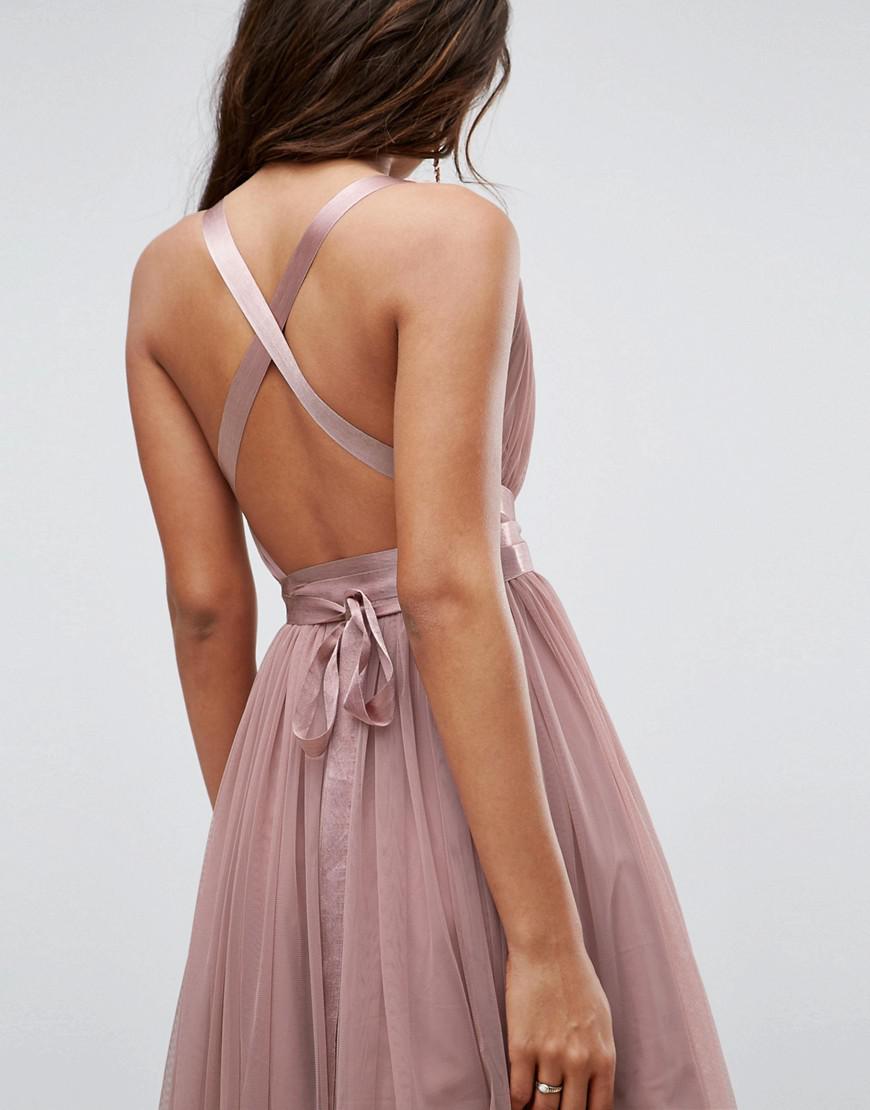 ASOS Premium Tulle Midi Prom Dress With Ribbon Ties in Pink | Lyst