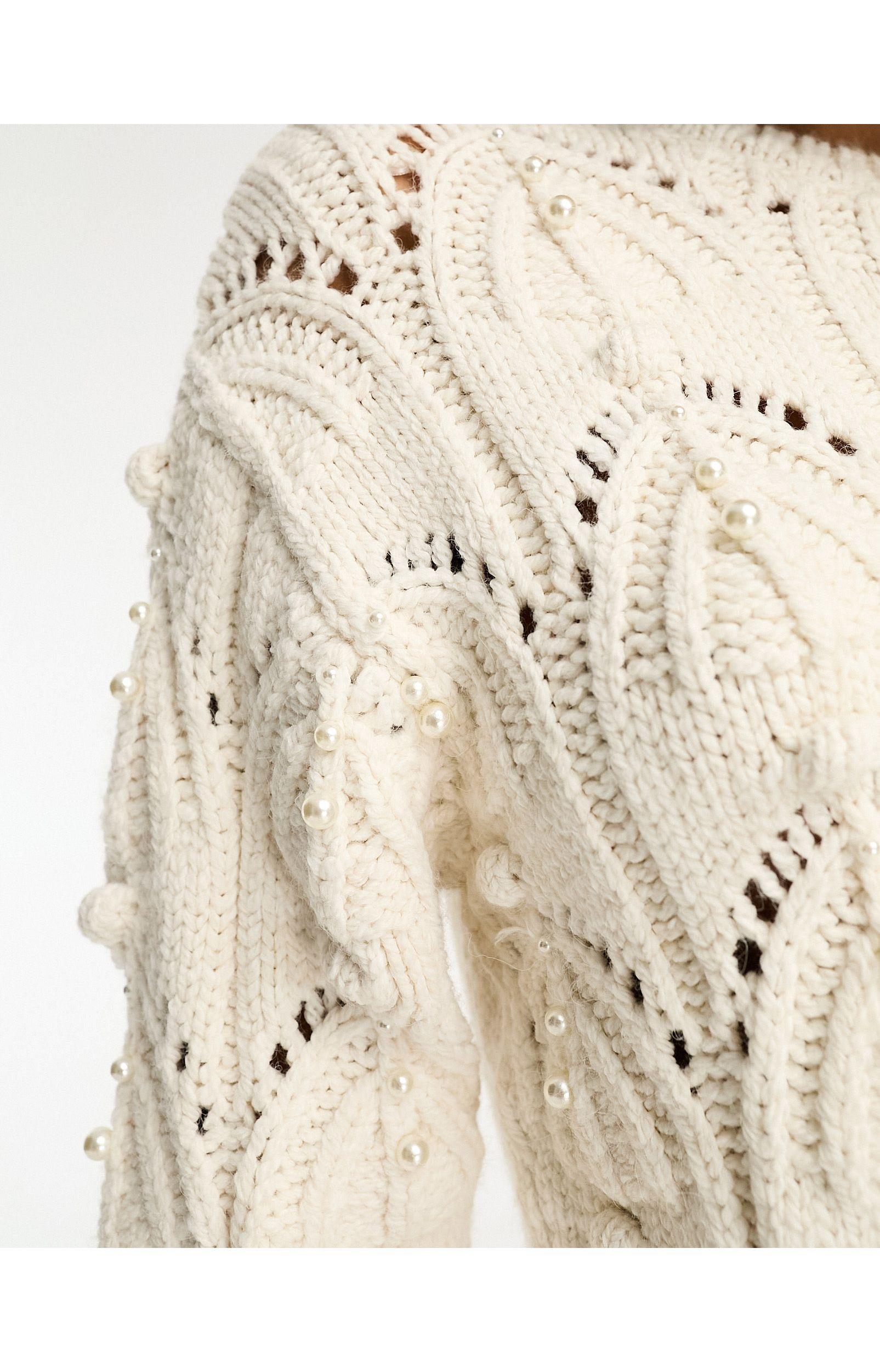 River Island Imitation Pearl Embellished Cable Fringe Sweater in